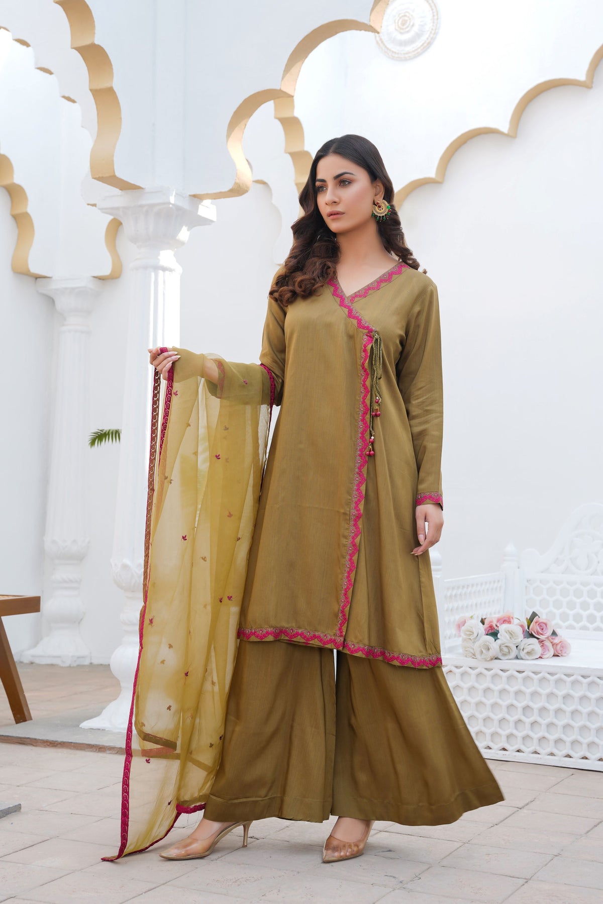 OLIVE GREEN - PRET 3PC Embroidered Dress - Threads & Weaves