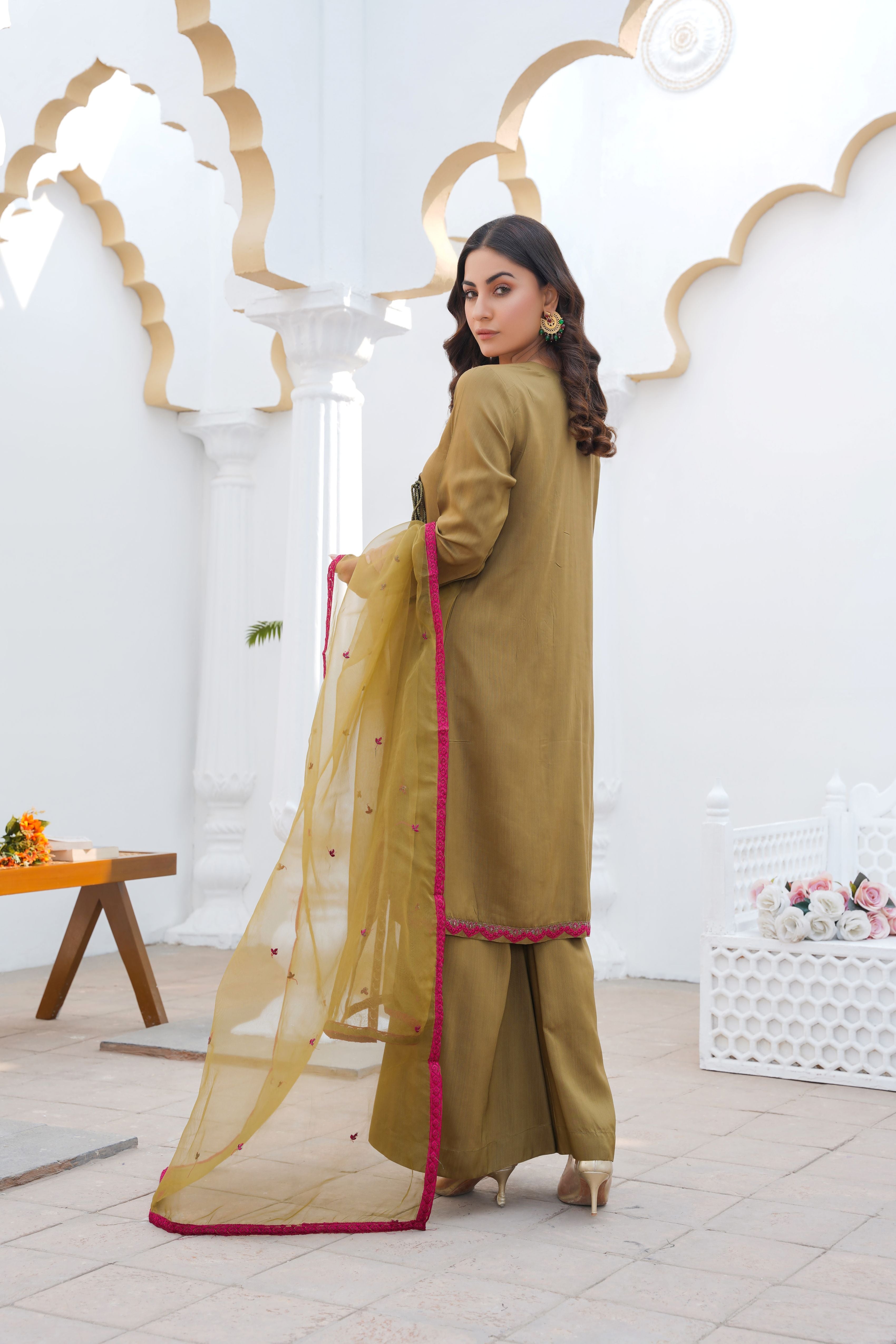 OLIVE GREEN - PRET 3PC Embroidered Dress - Threads & Weaves