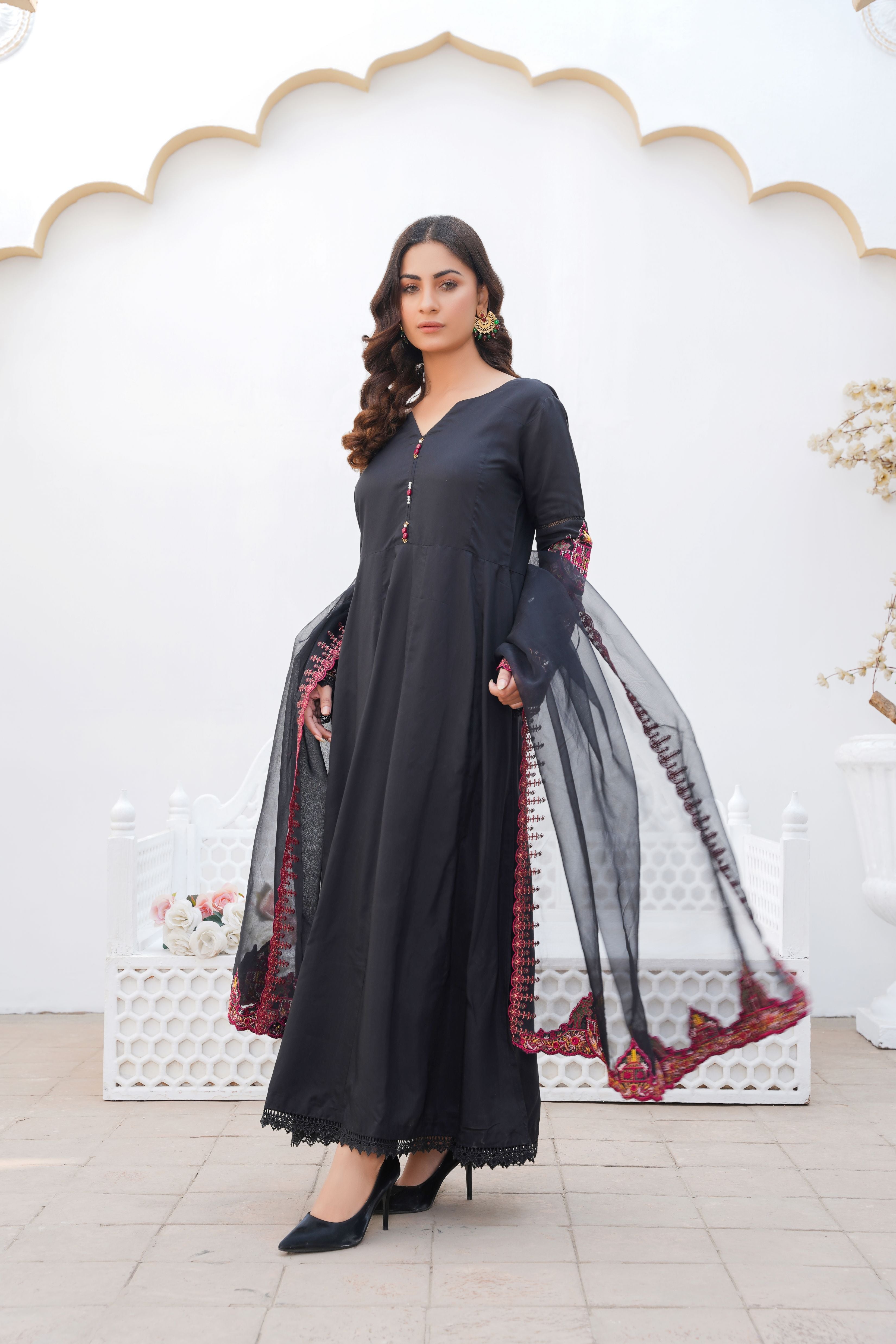 BLACK - PRET 3PC Embroidered Dress - Threads & Weaves