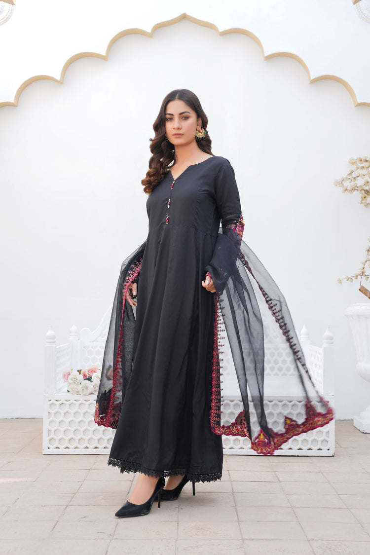 BLACK - PRET 3PC Embroidered Dress - Threads & Weaves