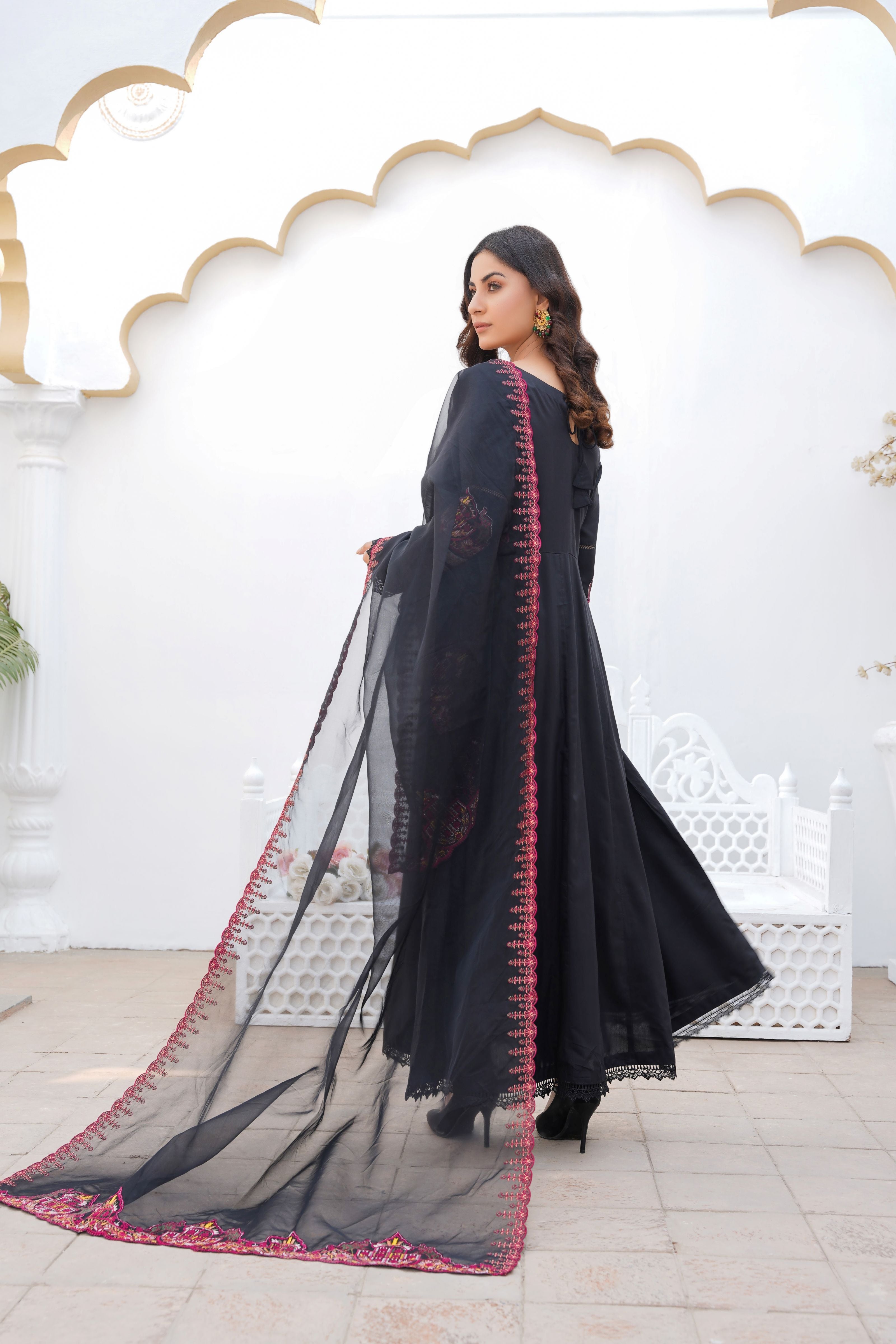 BLACK - PRET 3PC Embroidered Dress - Threads & Weaves