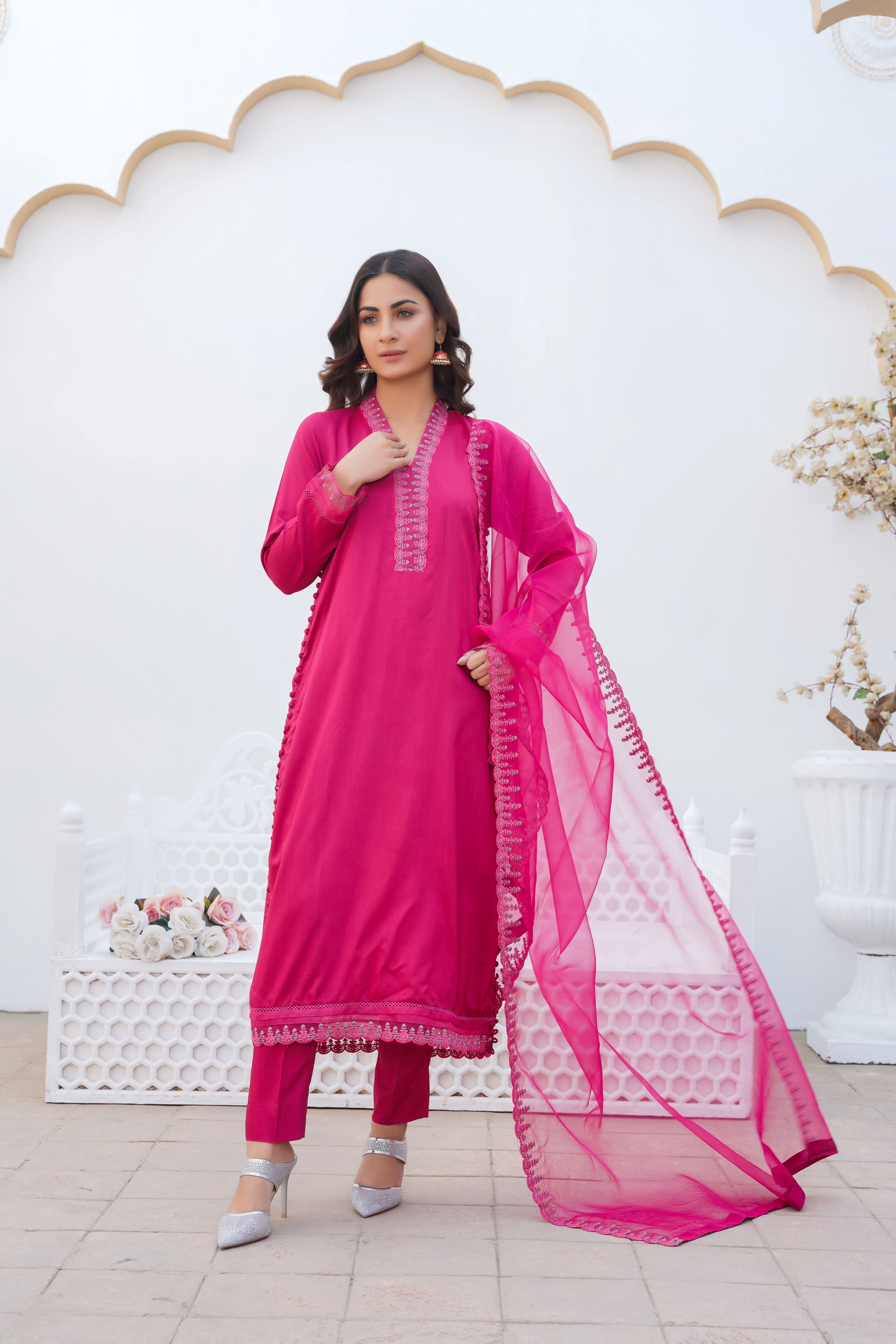 BRIGHT PINK - PRET 3PC Embroidered Dress - Threads & Weaves