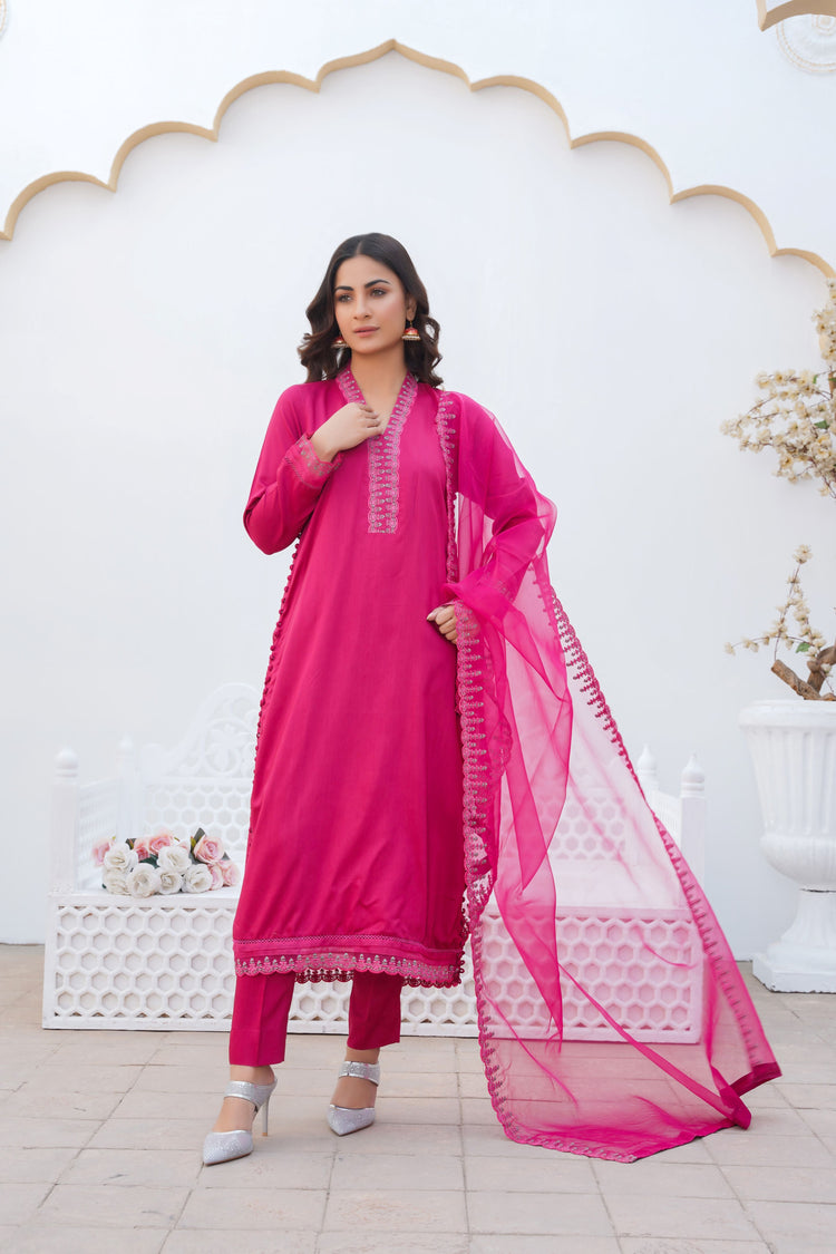 BRIGHT PINK - PRET 3PC Embroidered Dress - Threads & Weaves