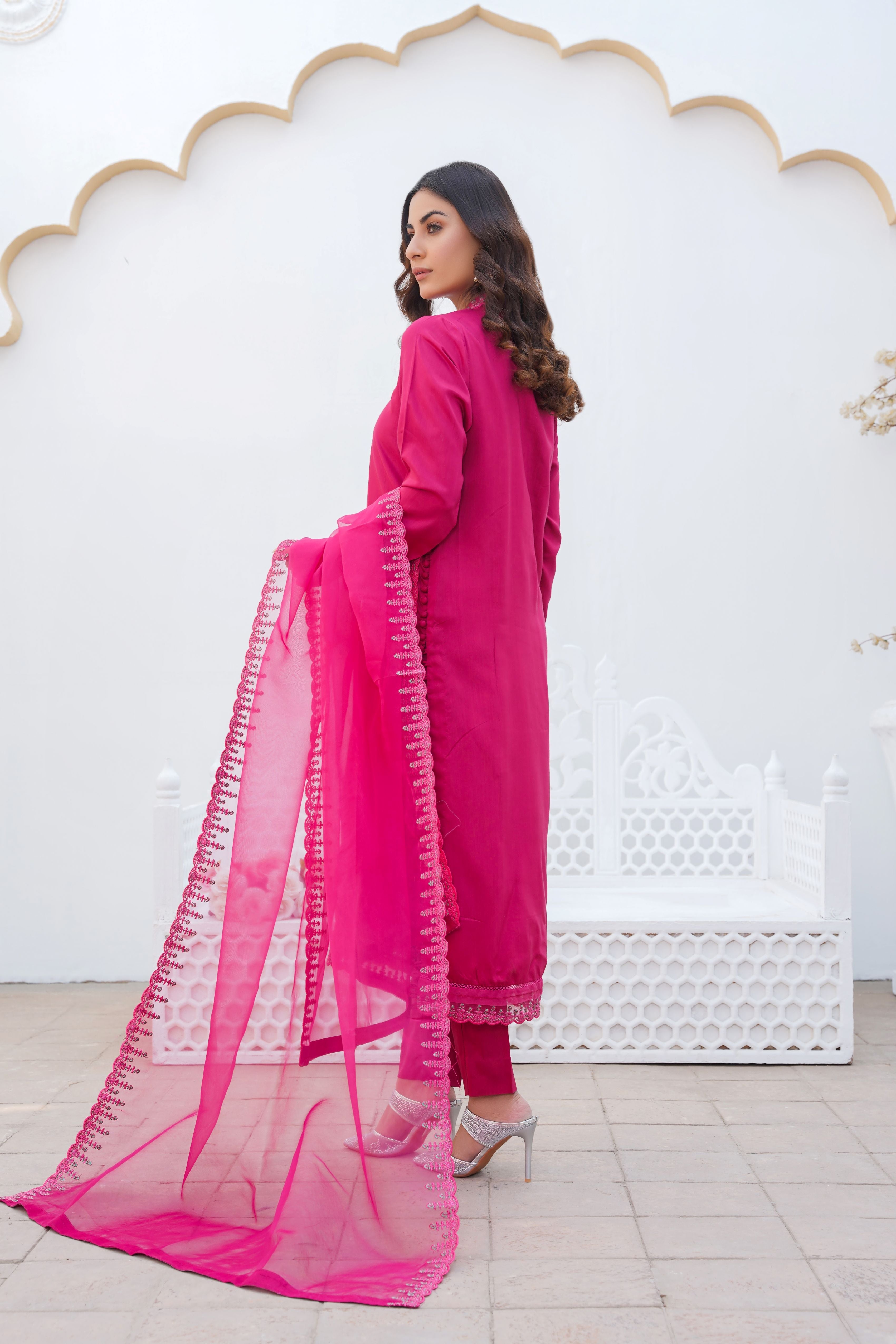 BRIGHT PINK - PRET 3PC Embroidered Dress - Threads & Weaves