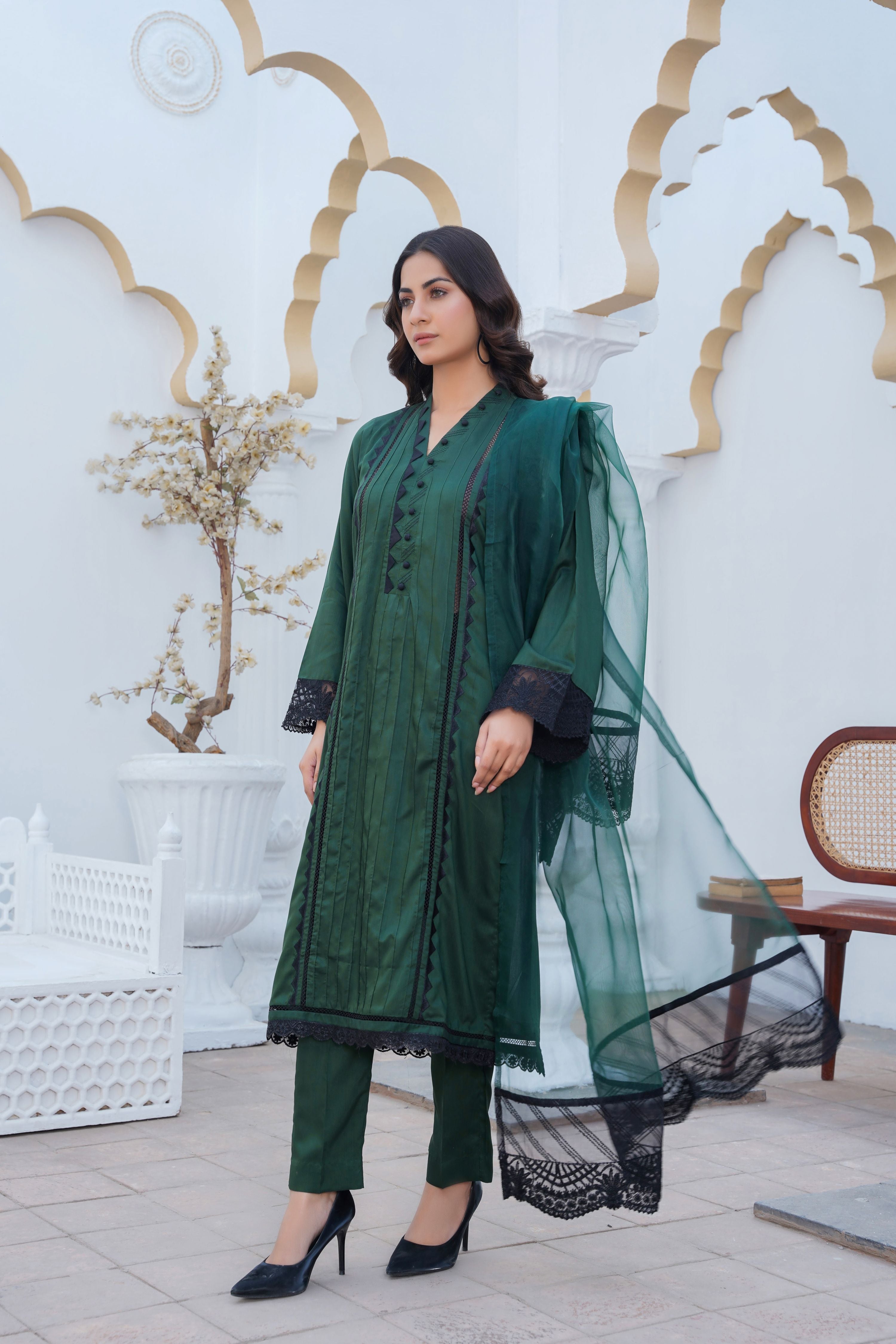 BOTTLE GREEN - PRET 3PC Embroidered Dress - Threads & Weaves