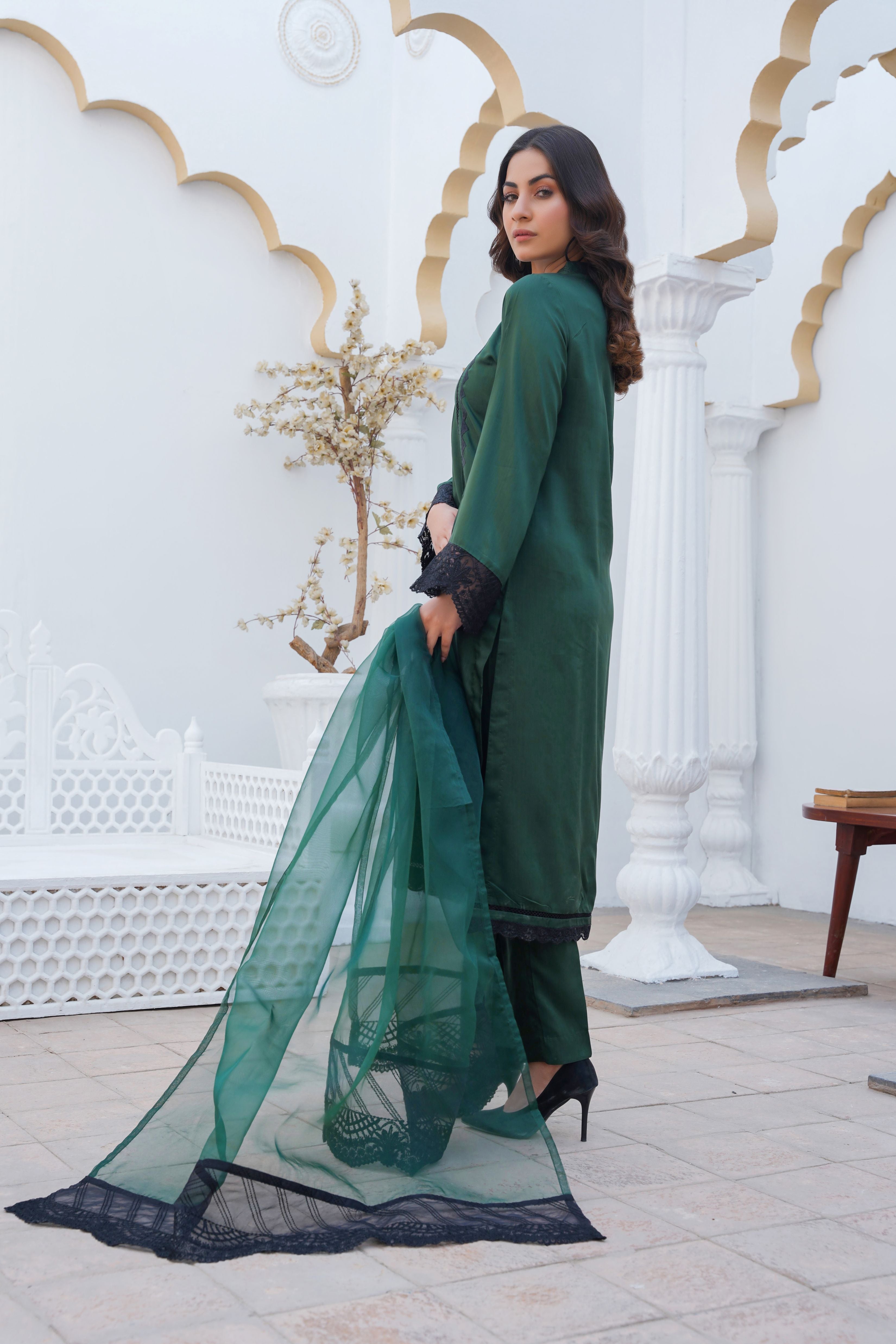 BOTTLE GREEN - PRET 3PC Embroidered Dress - Threads & Weaves