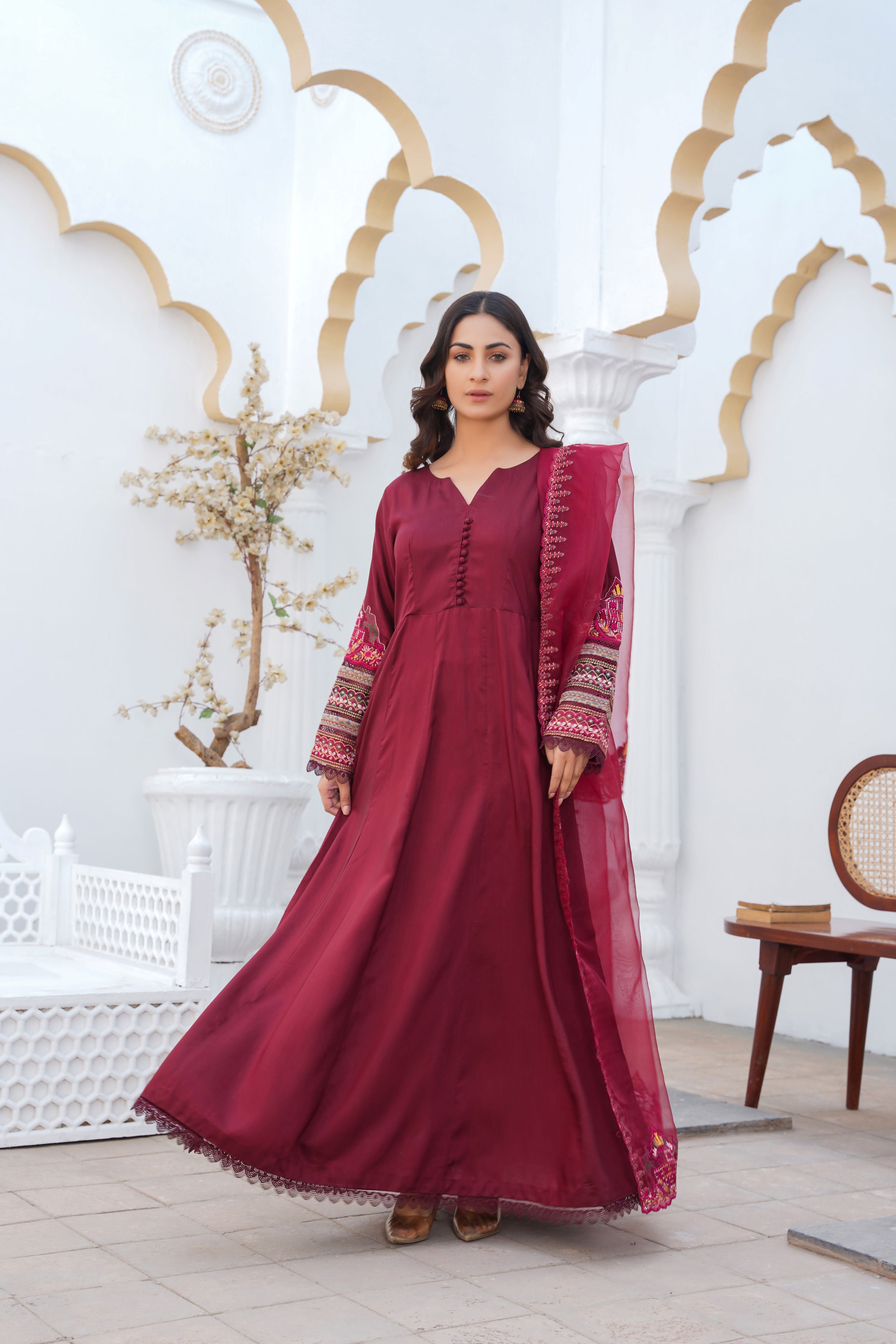 MAROON - PRET 3PC Embroidered Dress - Threads & Weaves