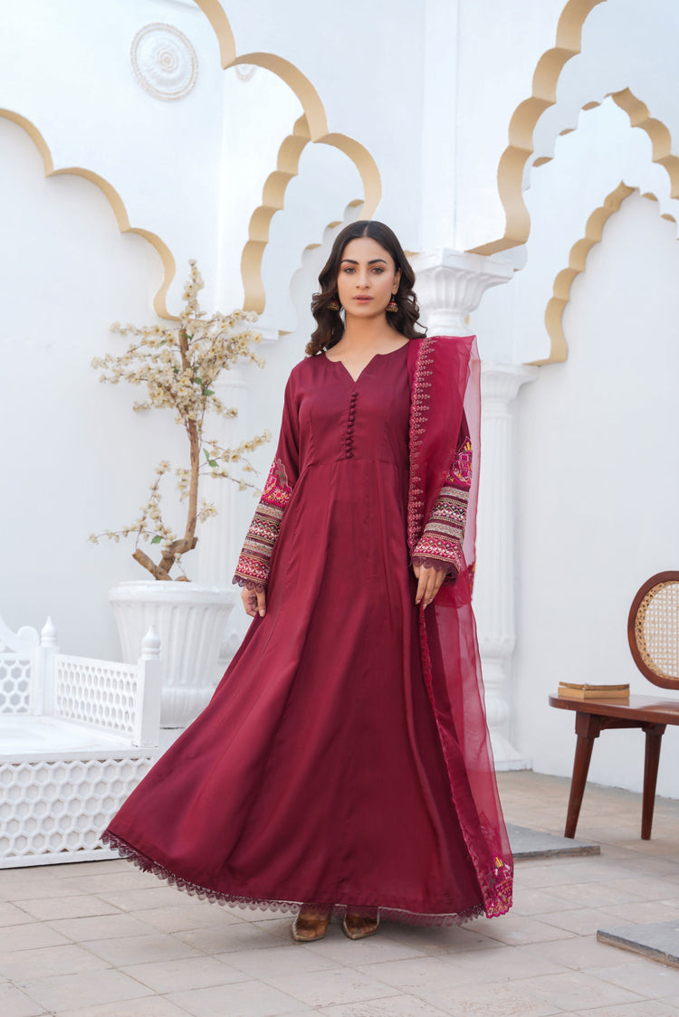 MAROON - PRET 3PC Embroidered Dress - Threads & Weaves