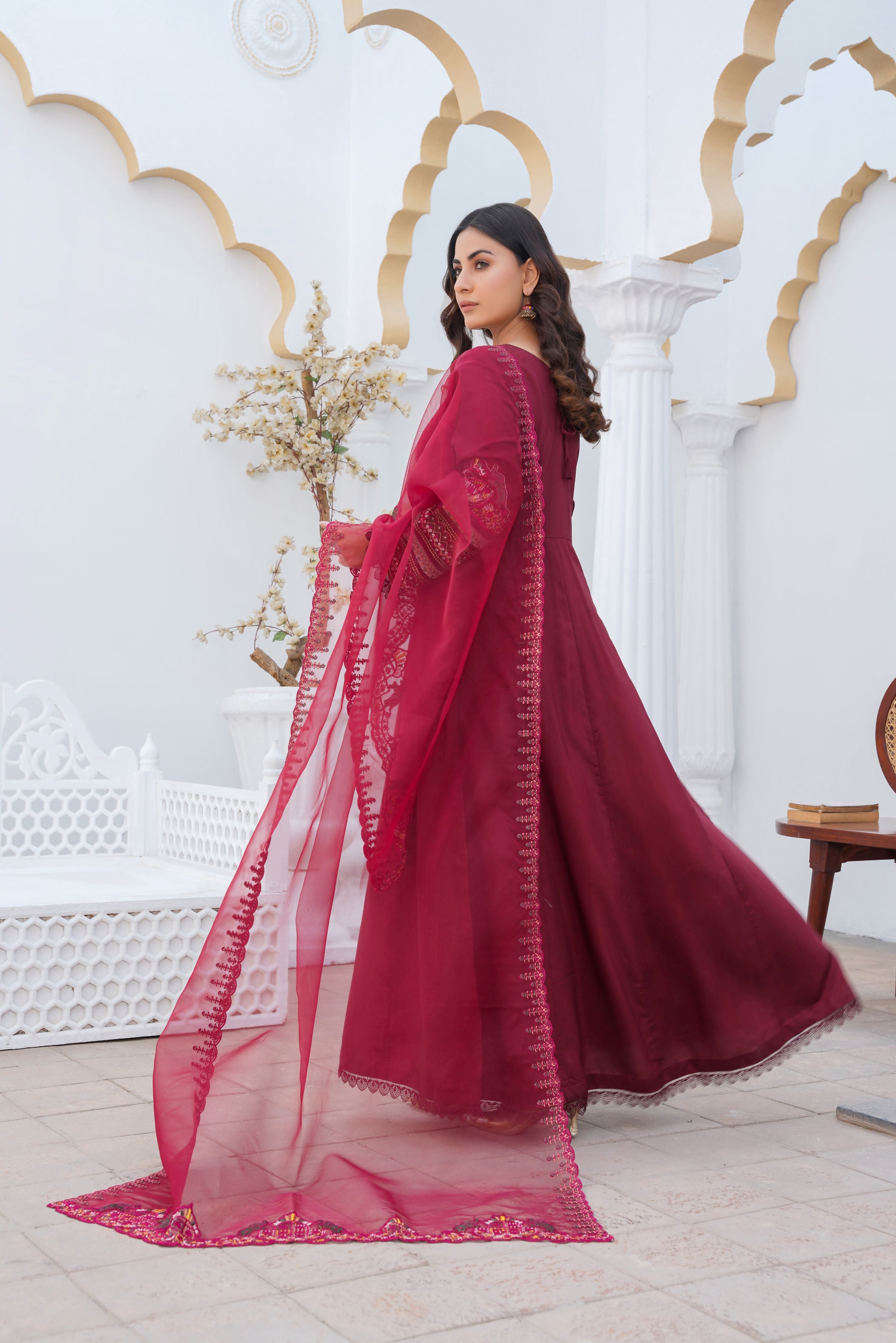 MAROON - PRET 3PC Embroidered Dress - Threads & Weaves