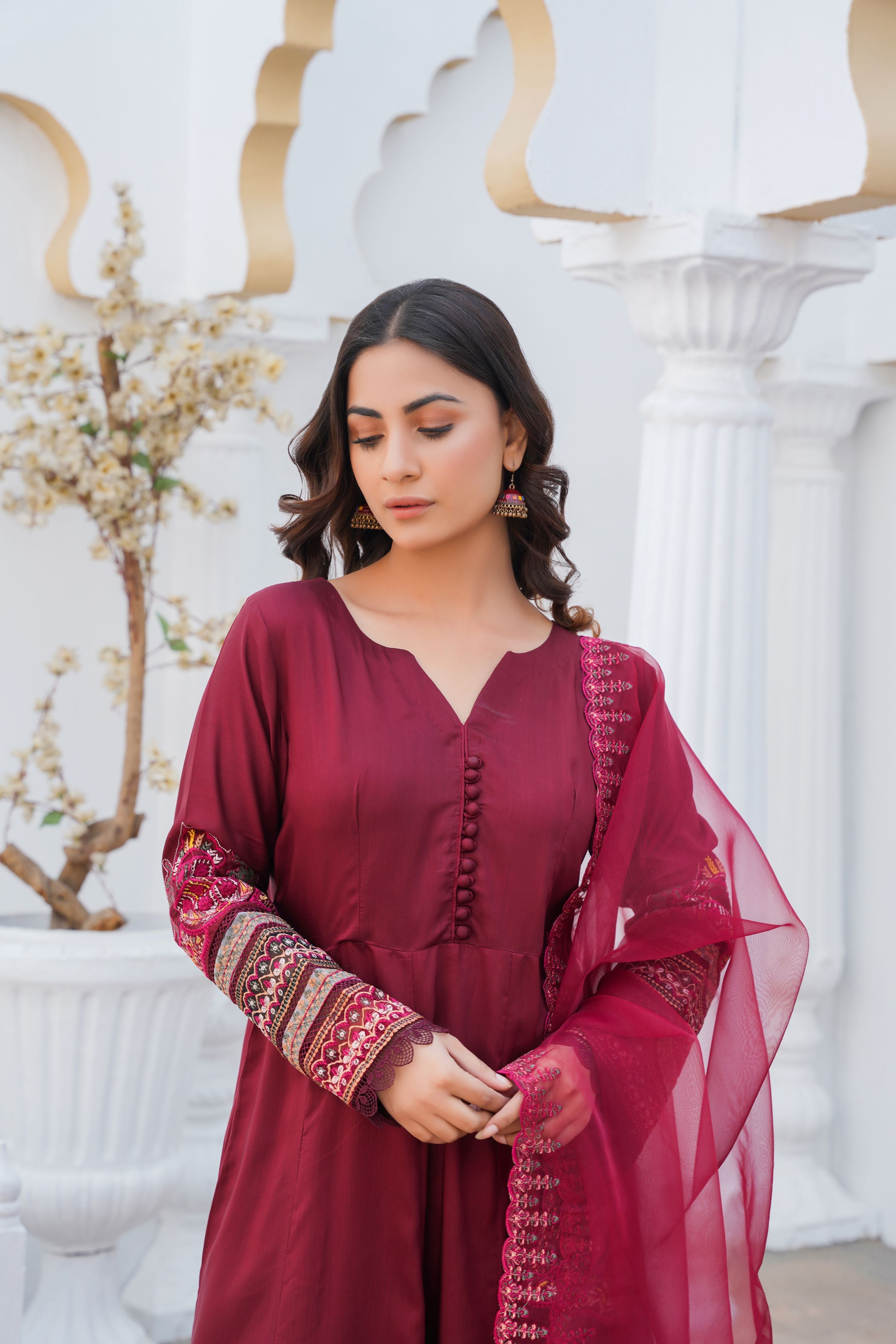 MAROON - PRET 3PC Embroidered Dress - Threads & Weaves