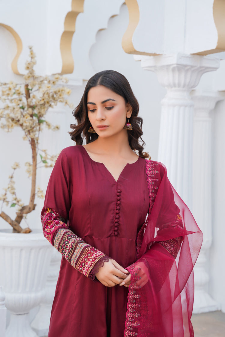 MAROON - PRET 3PC Embroidered Dress - Threads & Weaves