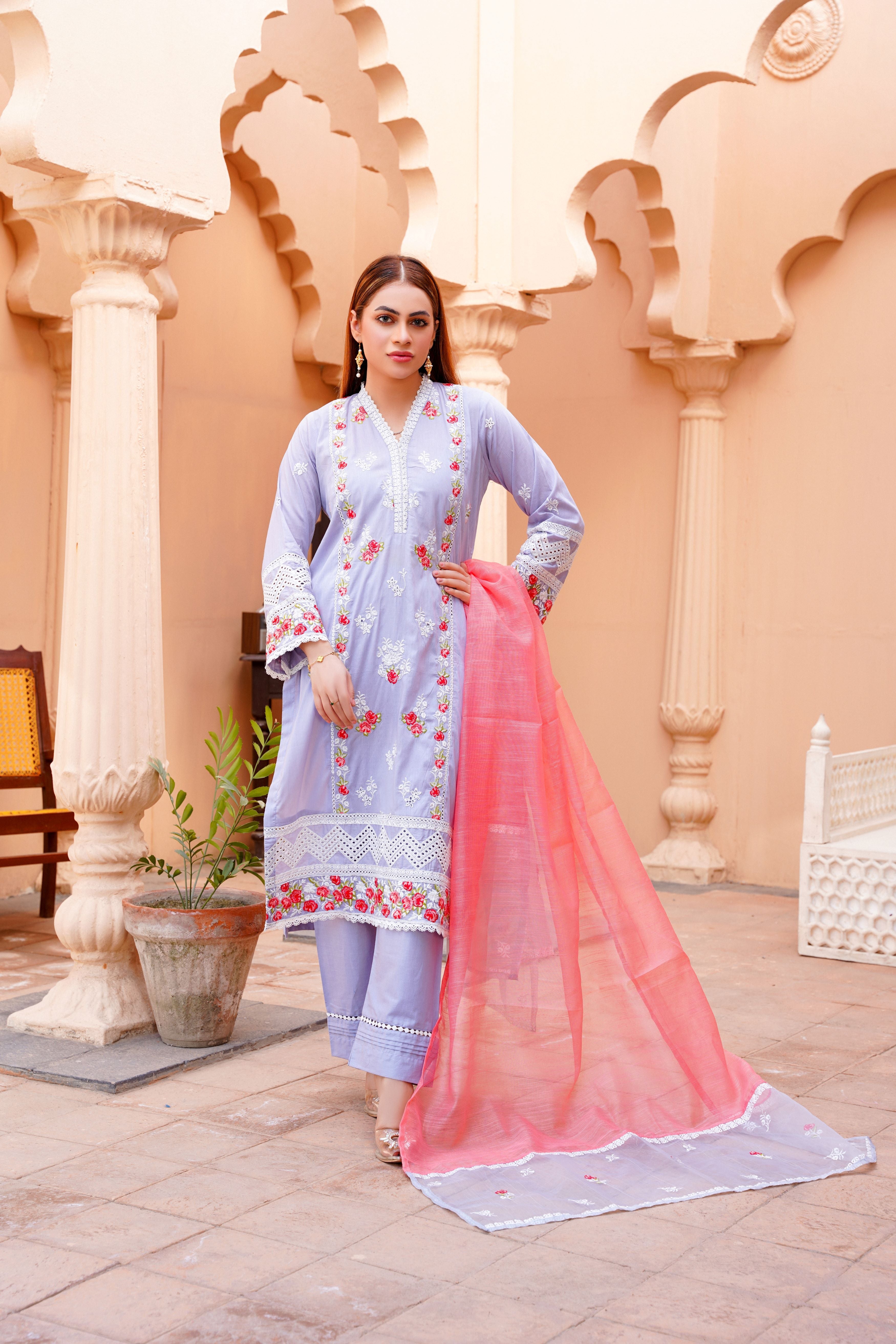 Embroidered lawn dress - ready to wear 3-piece - Threads & Weaves
