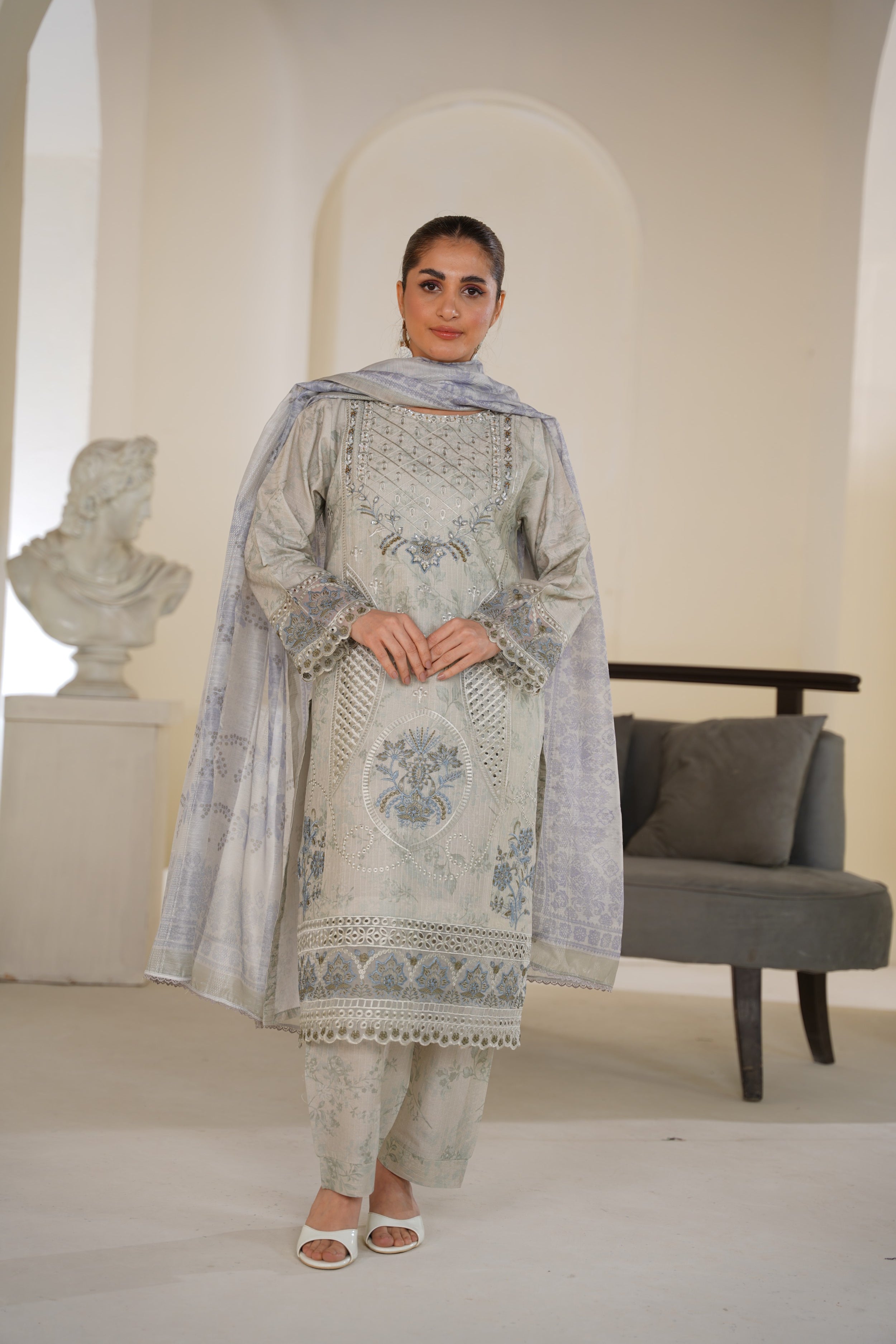 Light Sage Grey Embroidered Lawn Ready to Wear 3 Piece Suit - Threads & Weaves