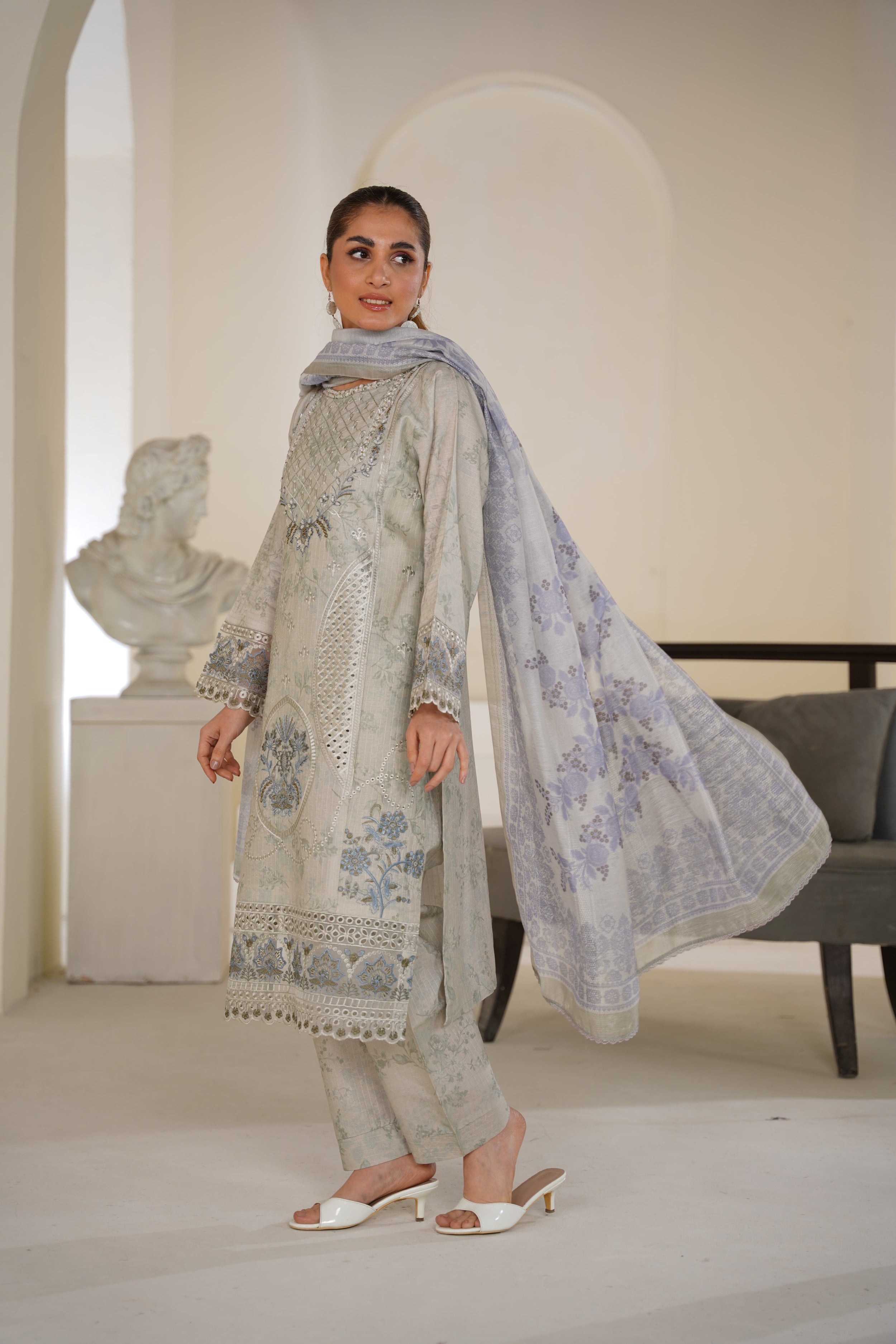 Light Sage Grey Embroidered Lawn Ready to Wear 3 Piece Suit - Threads & Weaves