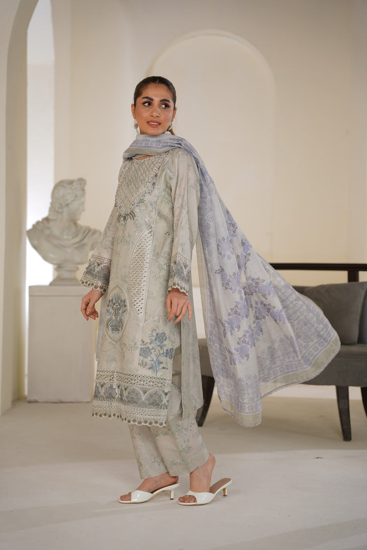 Light Sage Grey Embroidered Lawn Ready to Wear 3 Piece Suit - Threads & Weaves