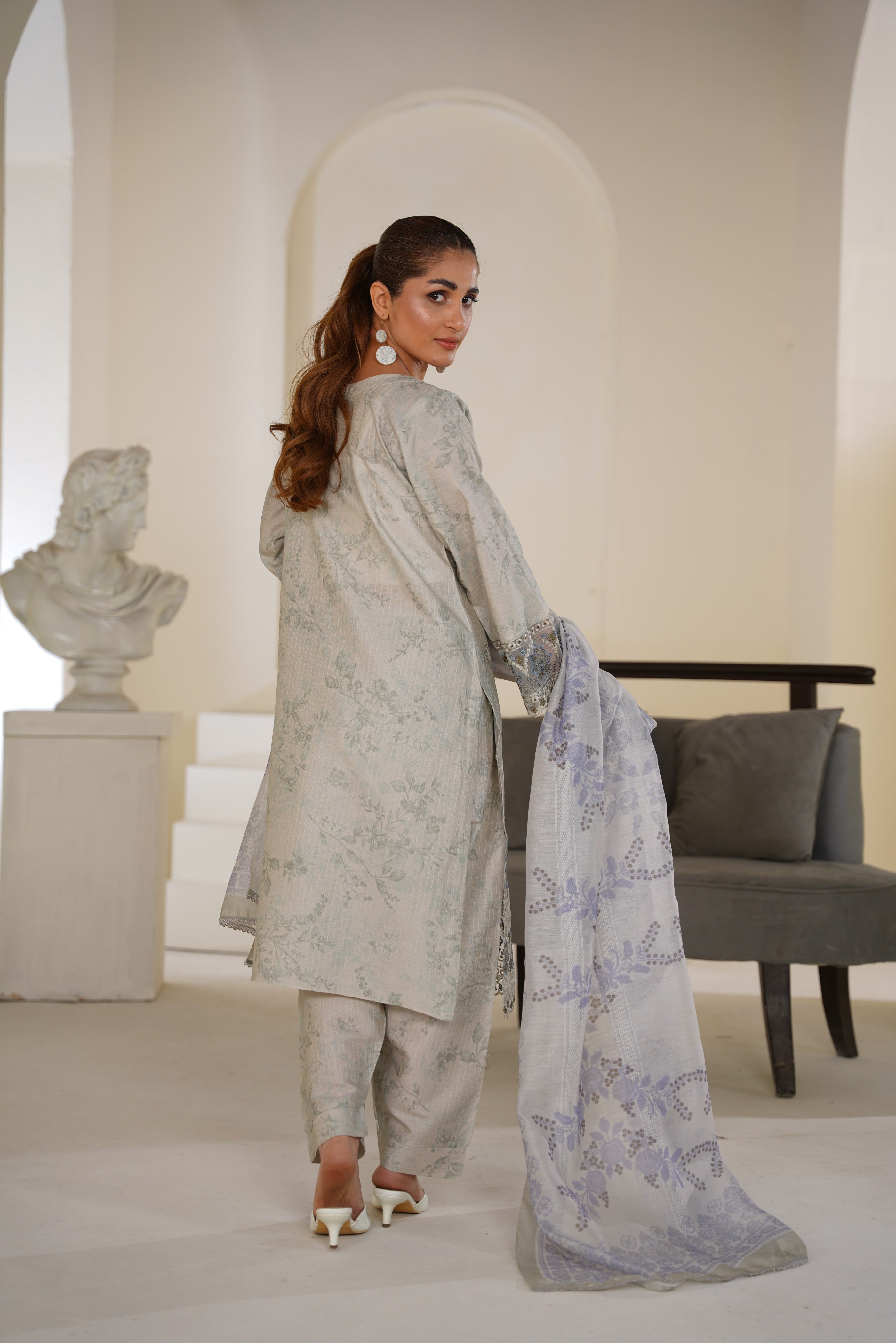 Light Sage Grey Embroidered Lawn Ready to Wear 3 Piece Suit - Threads & Weaves
