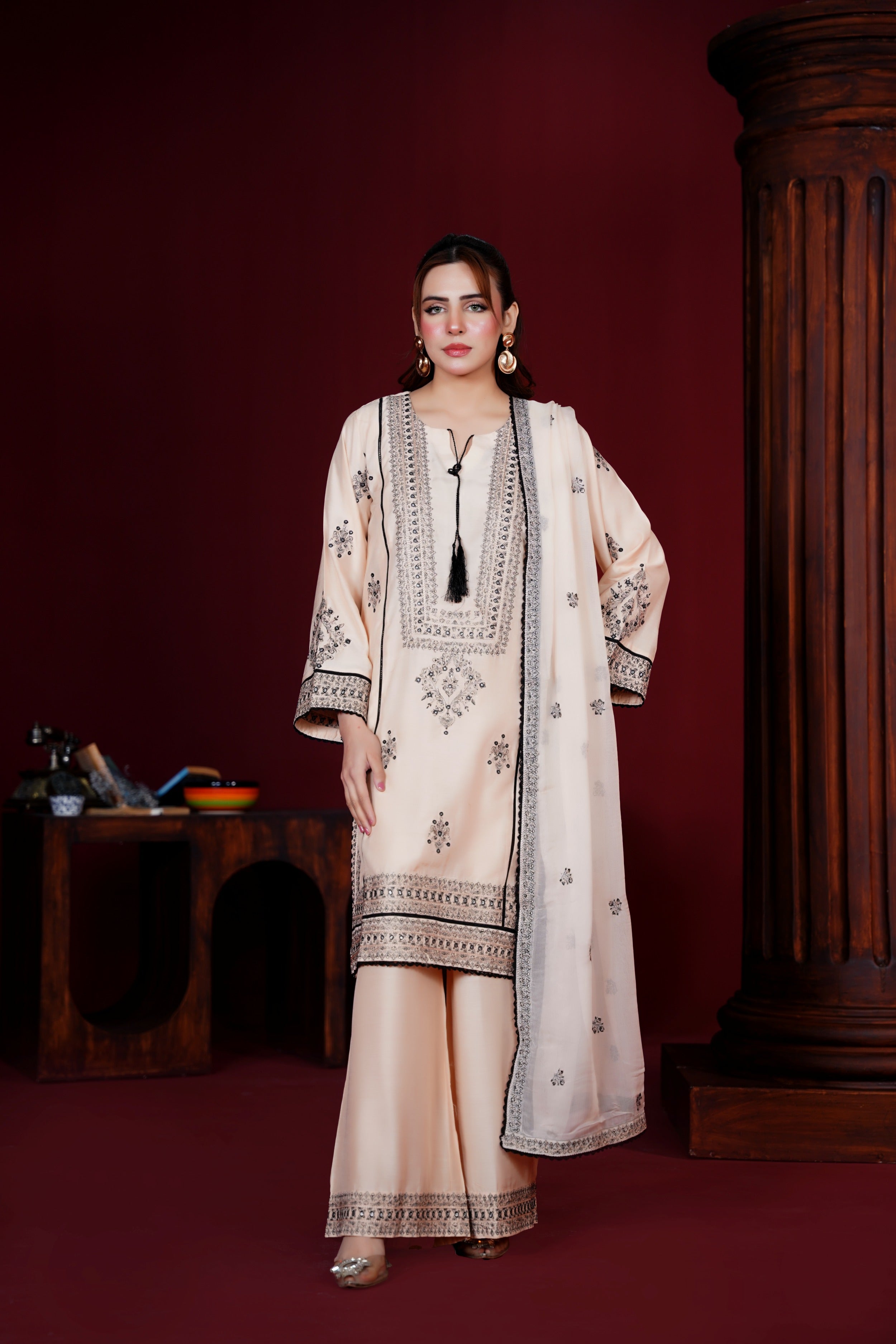 Elegant Beige Viscose Ready-to-Wear 3 Piece Suit - Threads & Weaves