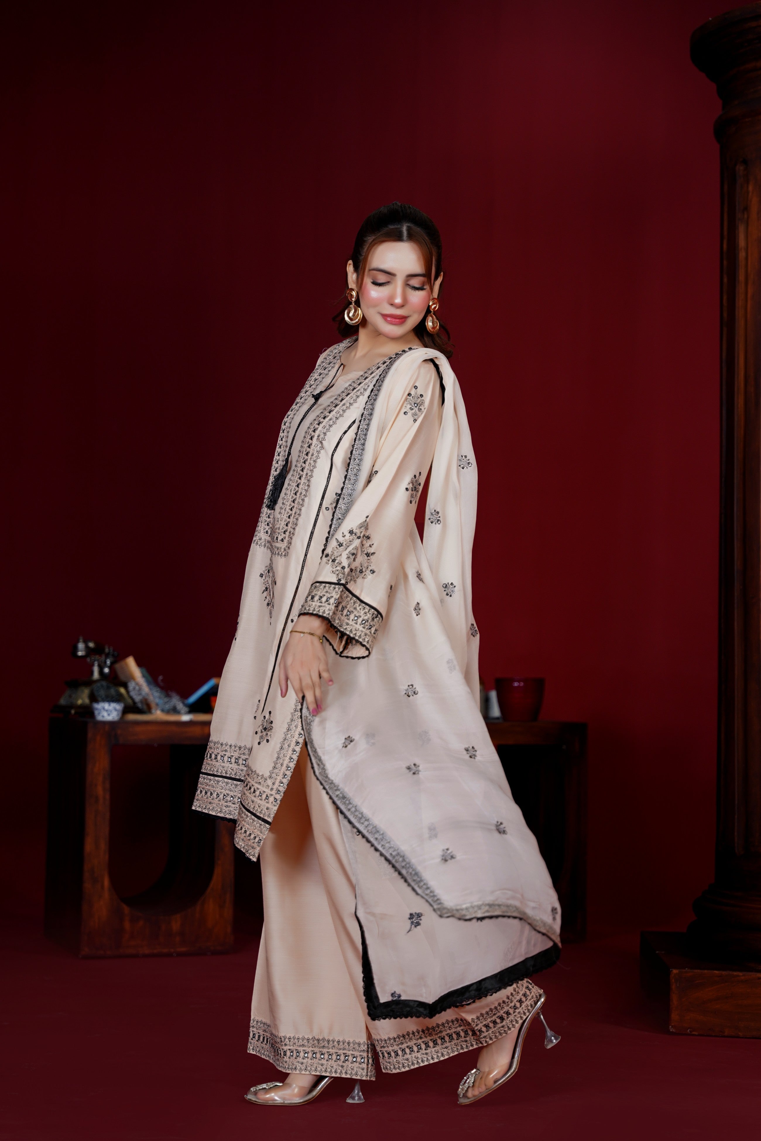 Elegant Beige Viscose Ready-to-Wear 3 Piece Suit - Threads & Weaves