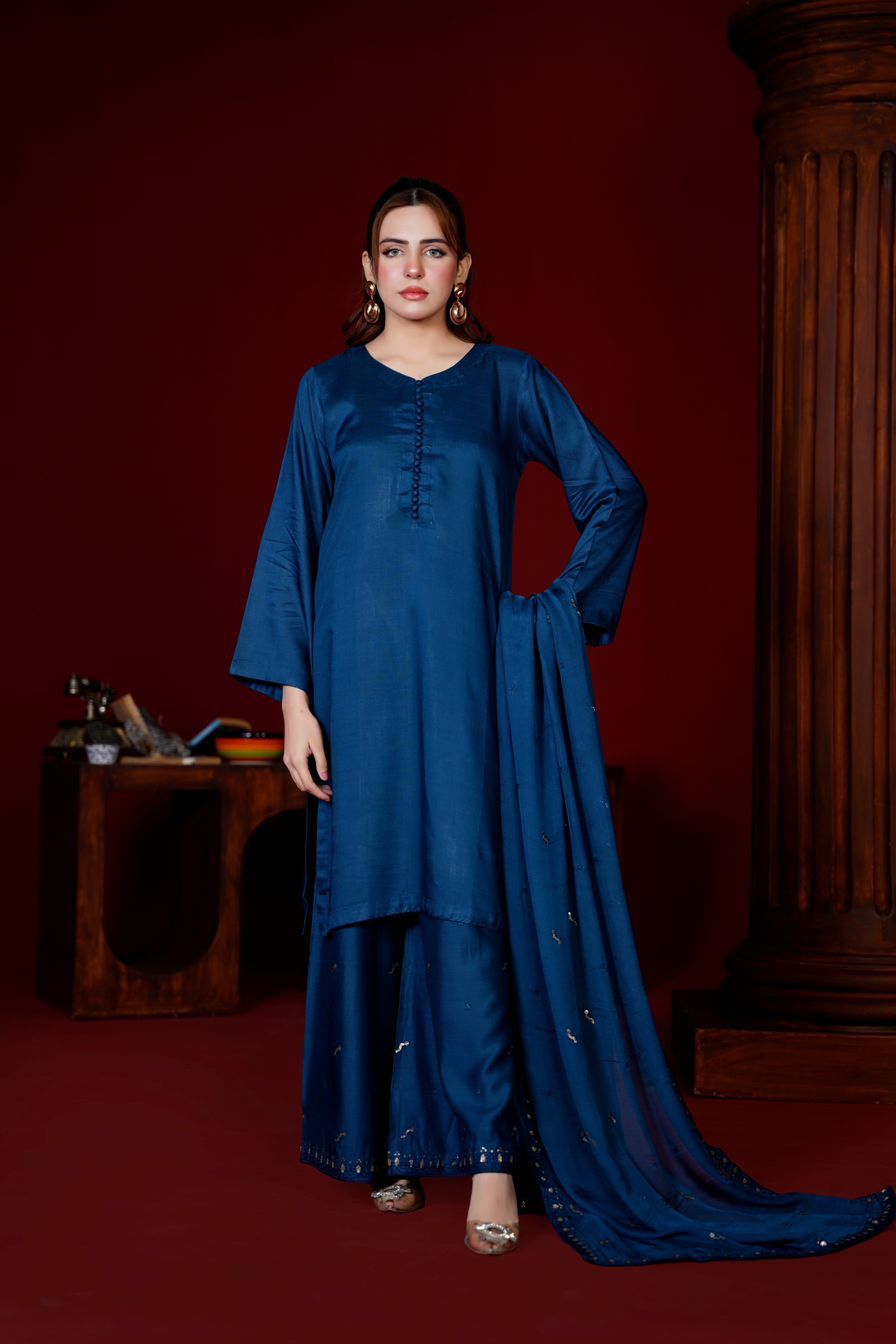 Midnight Blue Viscose Ready-to-Wear 3 Piece Suit - Threads & Weaves