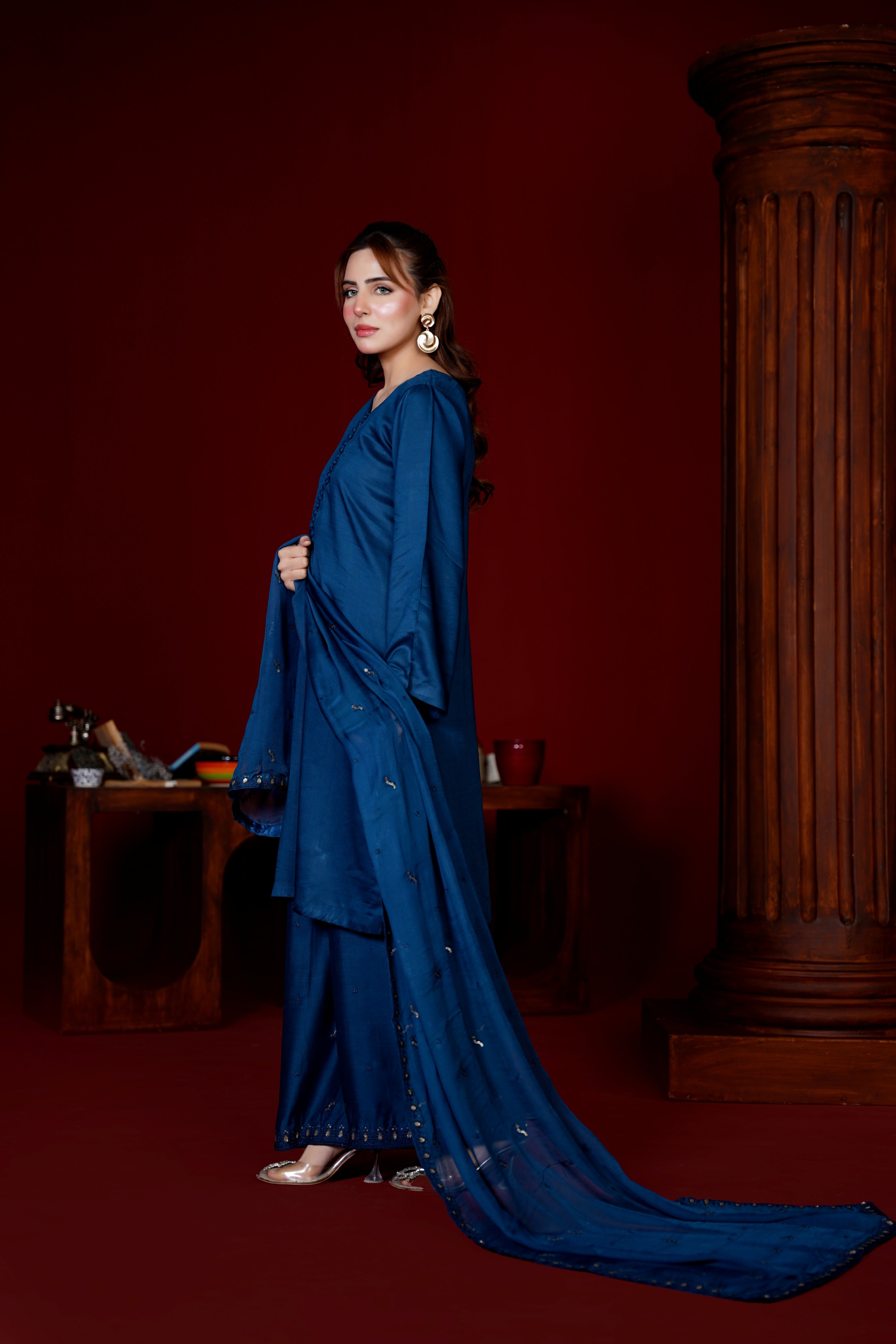 Midnight Blue Viscose Ready-to-Wear 3 Piece Suit - Threads & Weaves
