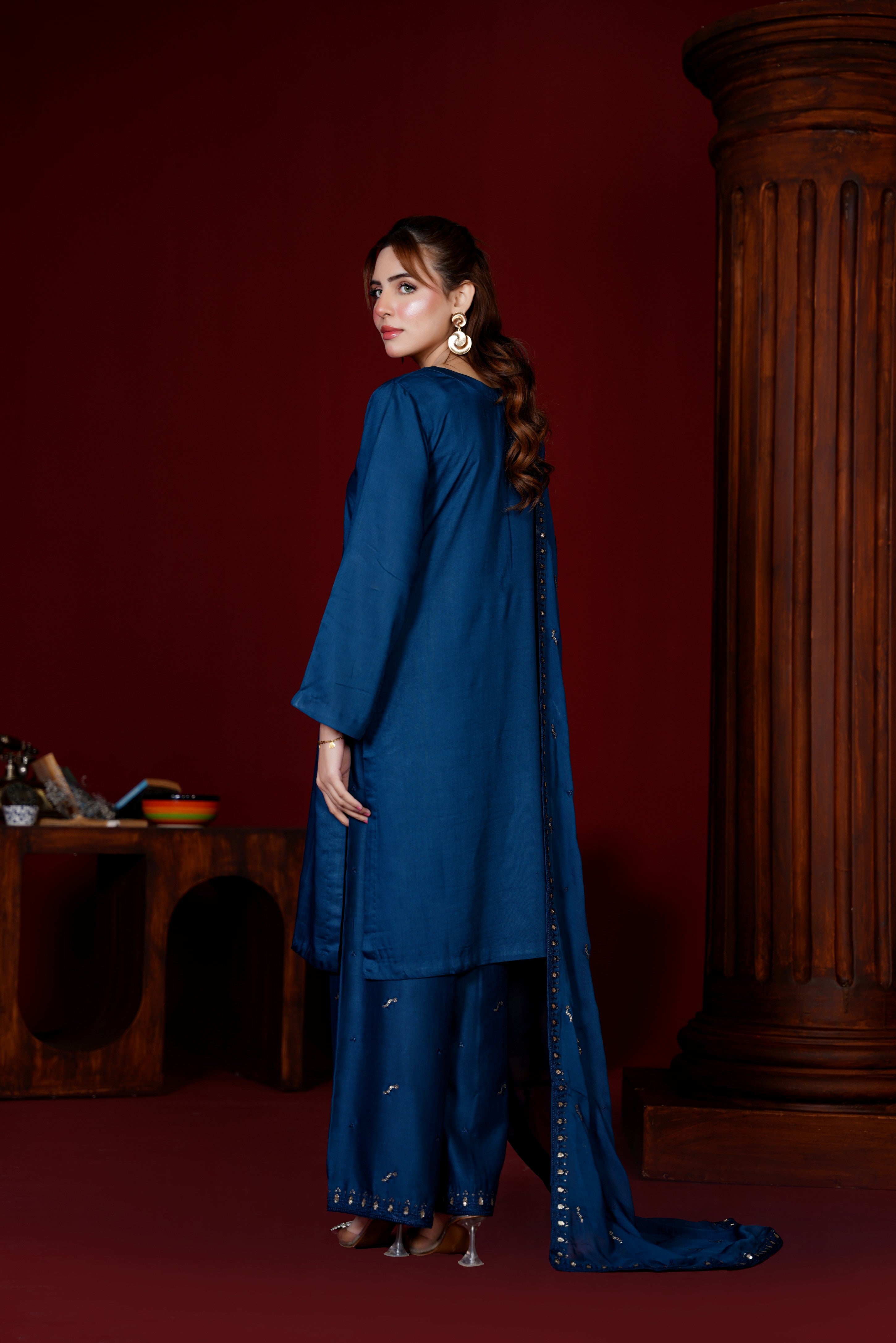 Midnight Blue Viscose Ready-to-Wear 3 Piece Suit - Threads & Weaves