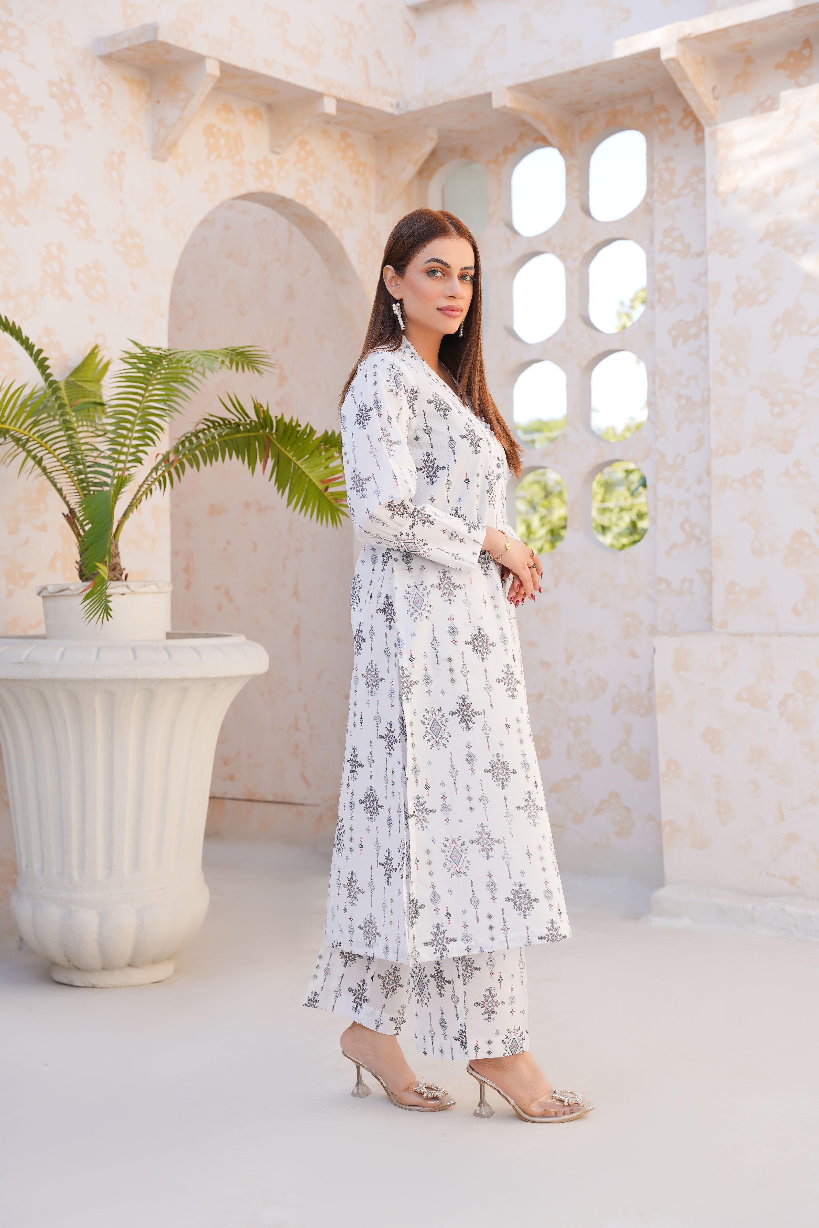 White Elegance Printed Lawn Pret 2PC - Threads & Weaves