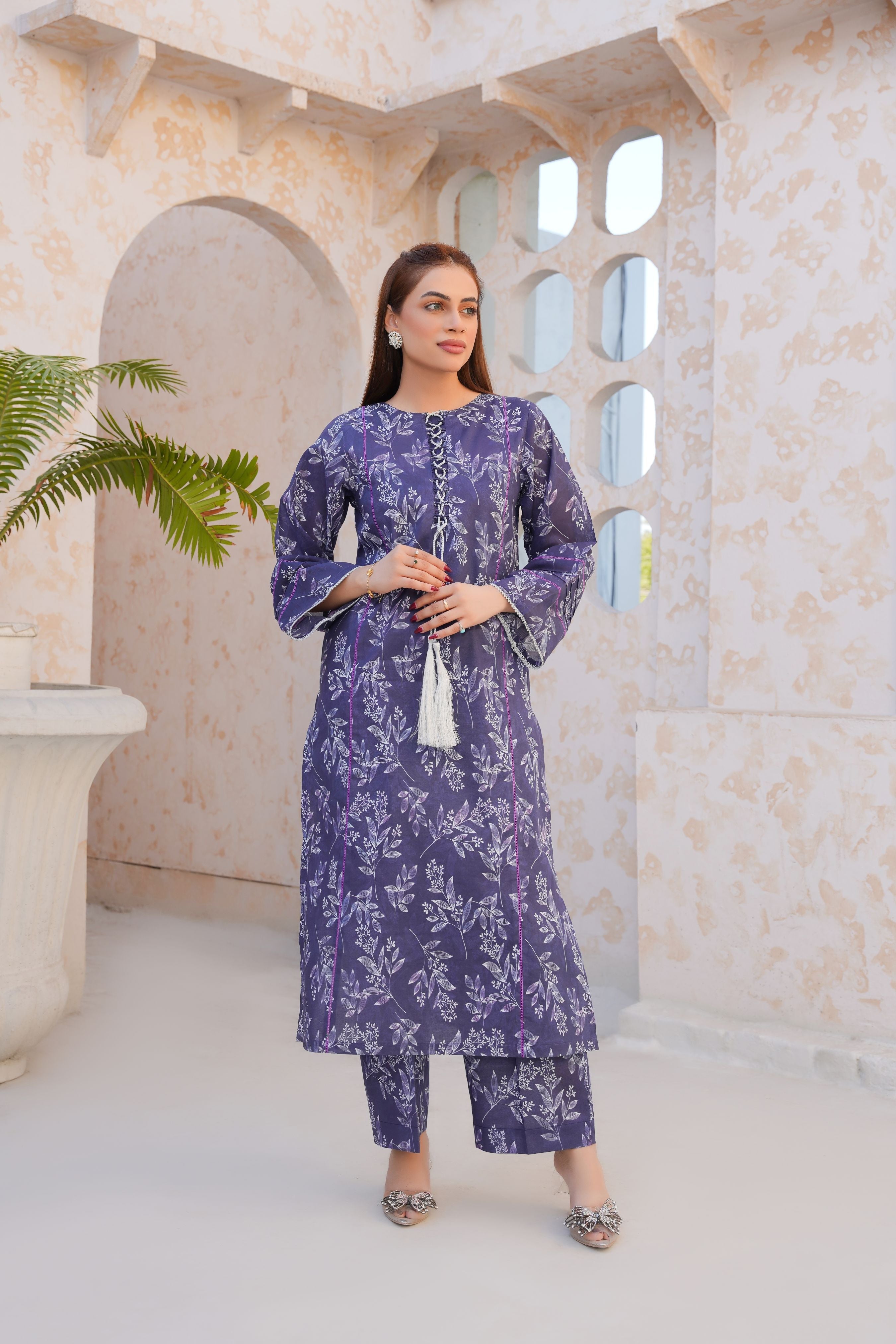 Regal purple floral lawn suit - ready to wear - Threads & Weaves
