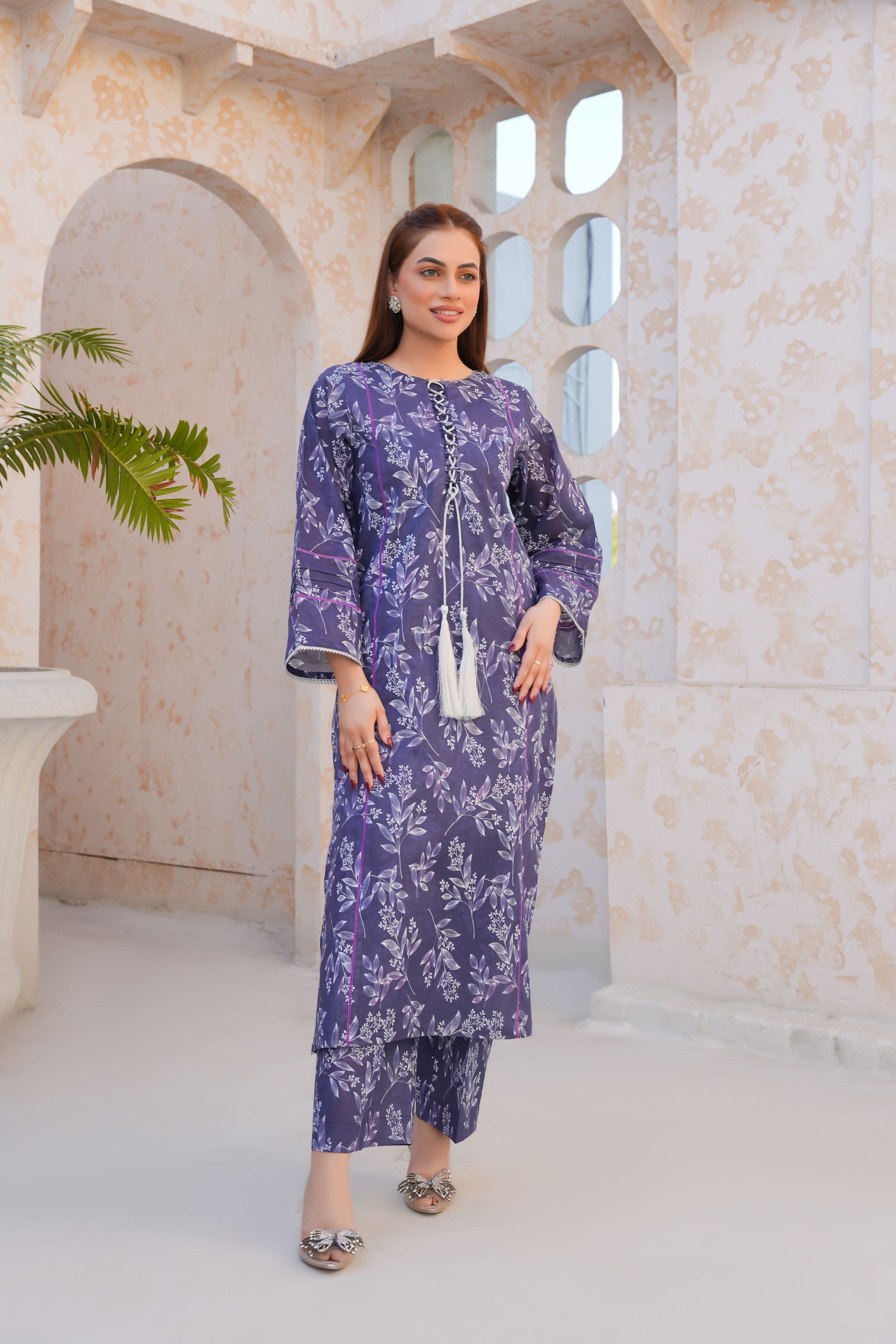 Regal Purple Floral Lawn Suit - Ready to Wear - Threads & Weaves