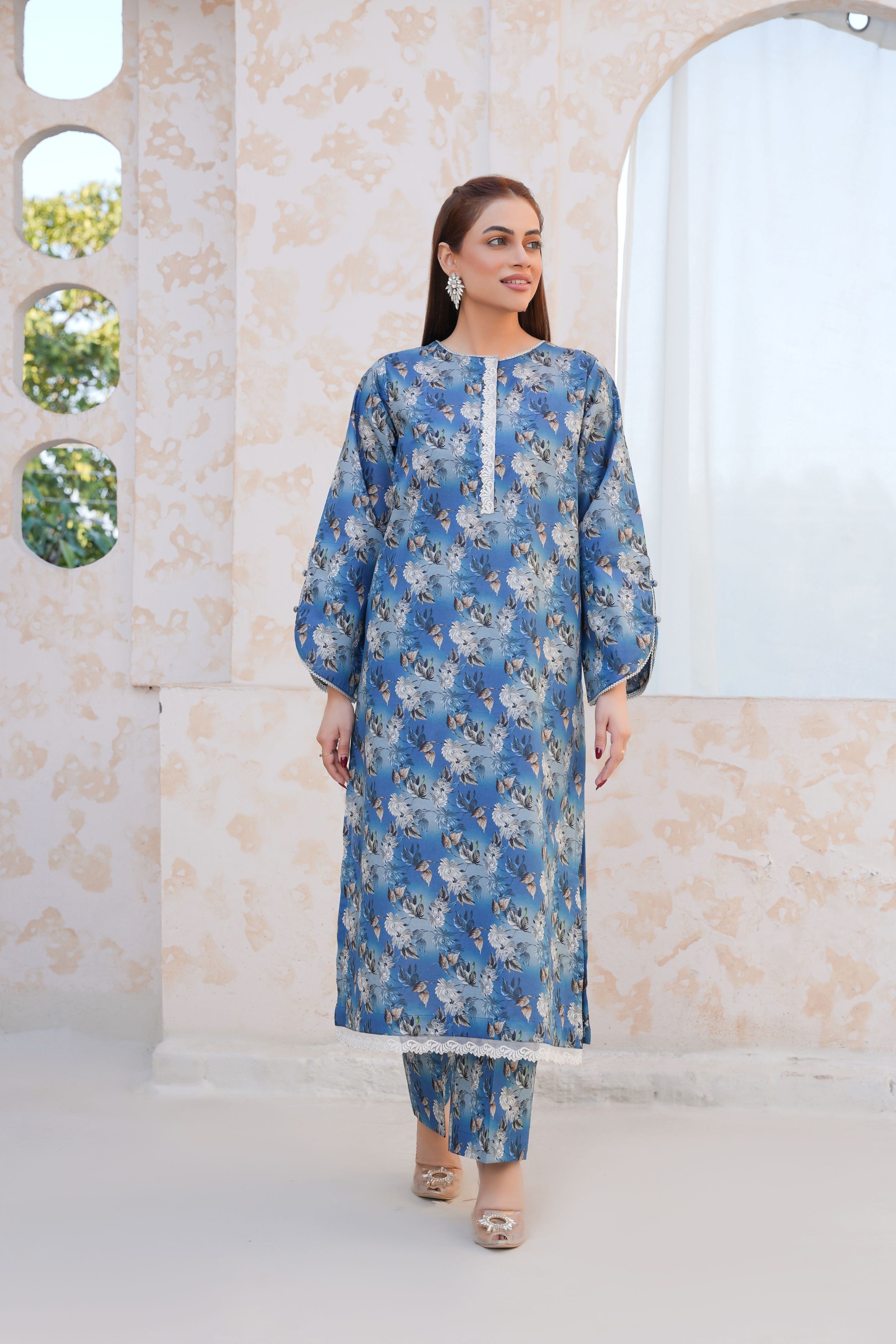 Serene Blue Floral Lawn Suit - Ready to Wear 2PC - Threads & Weaves