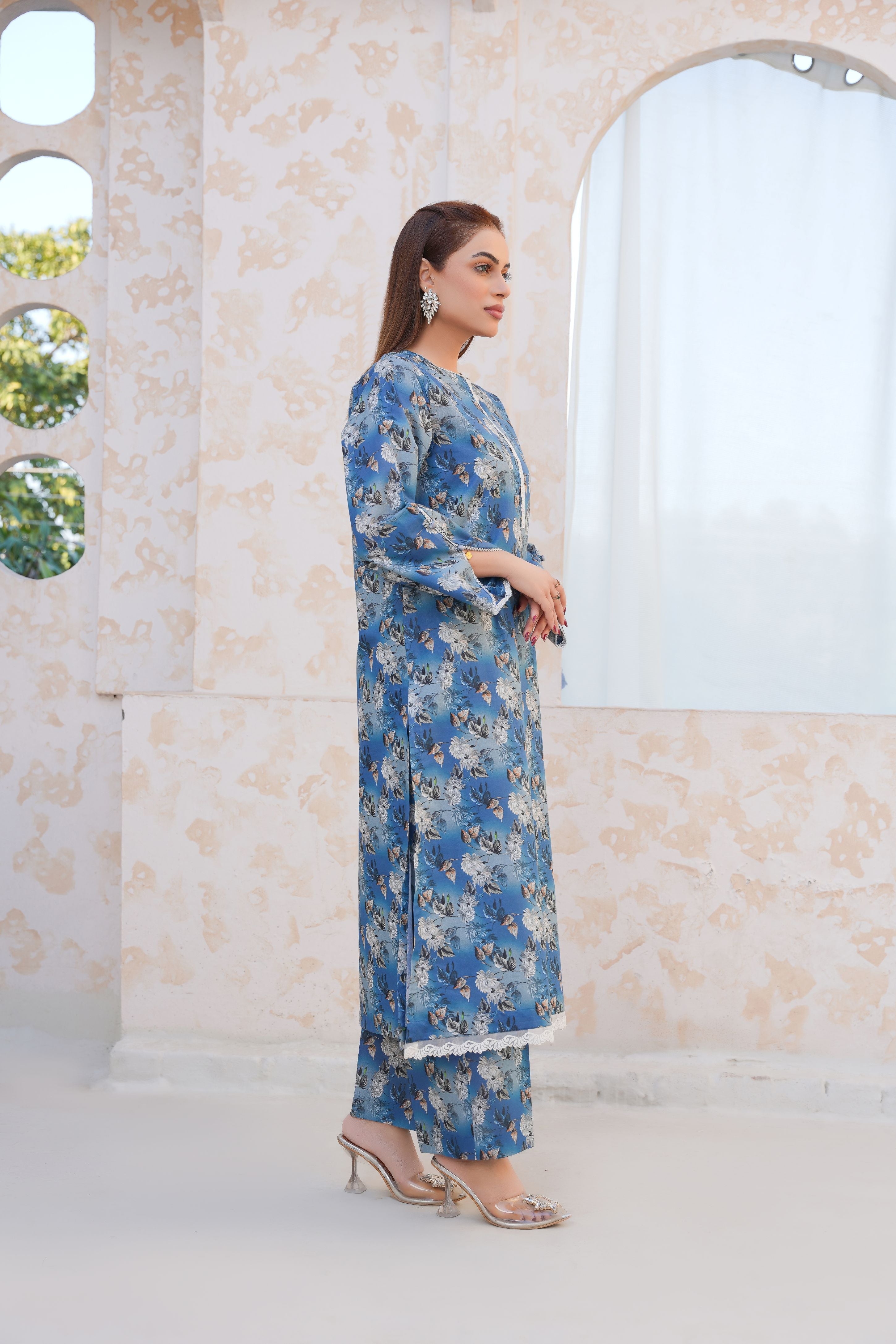 Serene Blue Floral Lawn Suit - Ready to Wear 2PC - Threads & Weaves