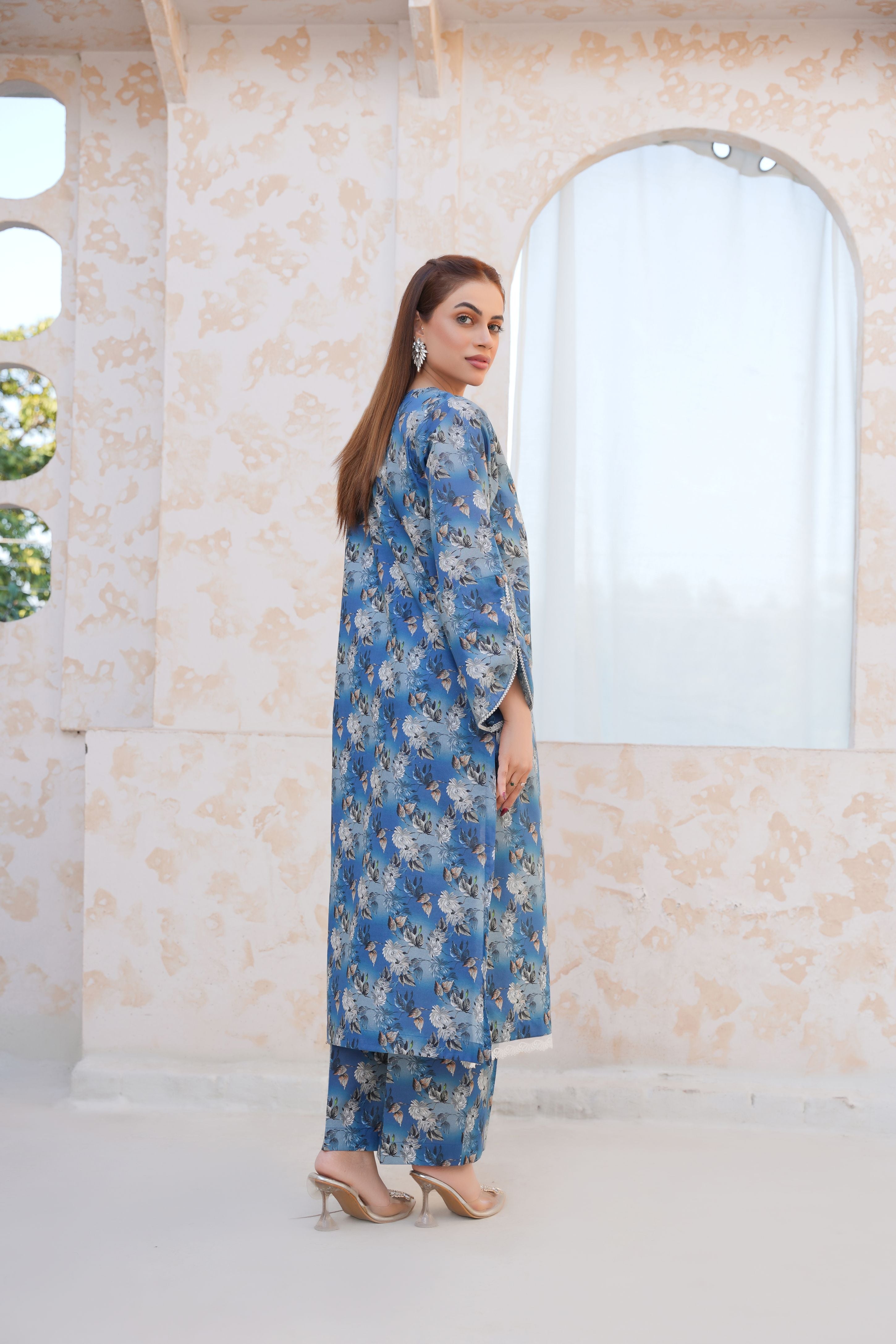 Serene Blue Floral Lawn Suit - Ready to Wear 2PC - Threads & Weaves