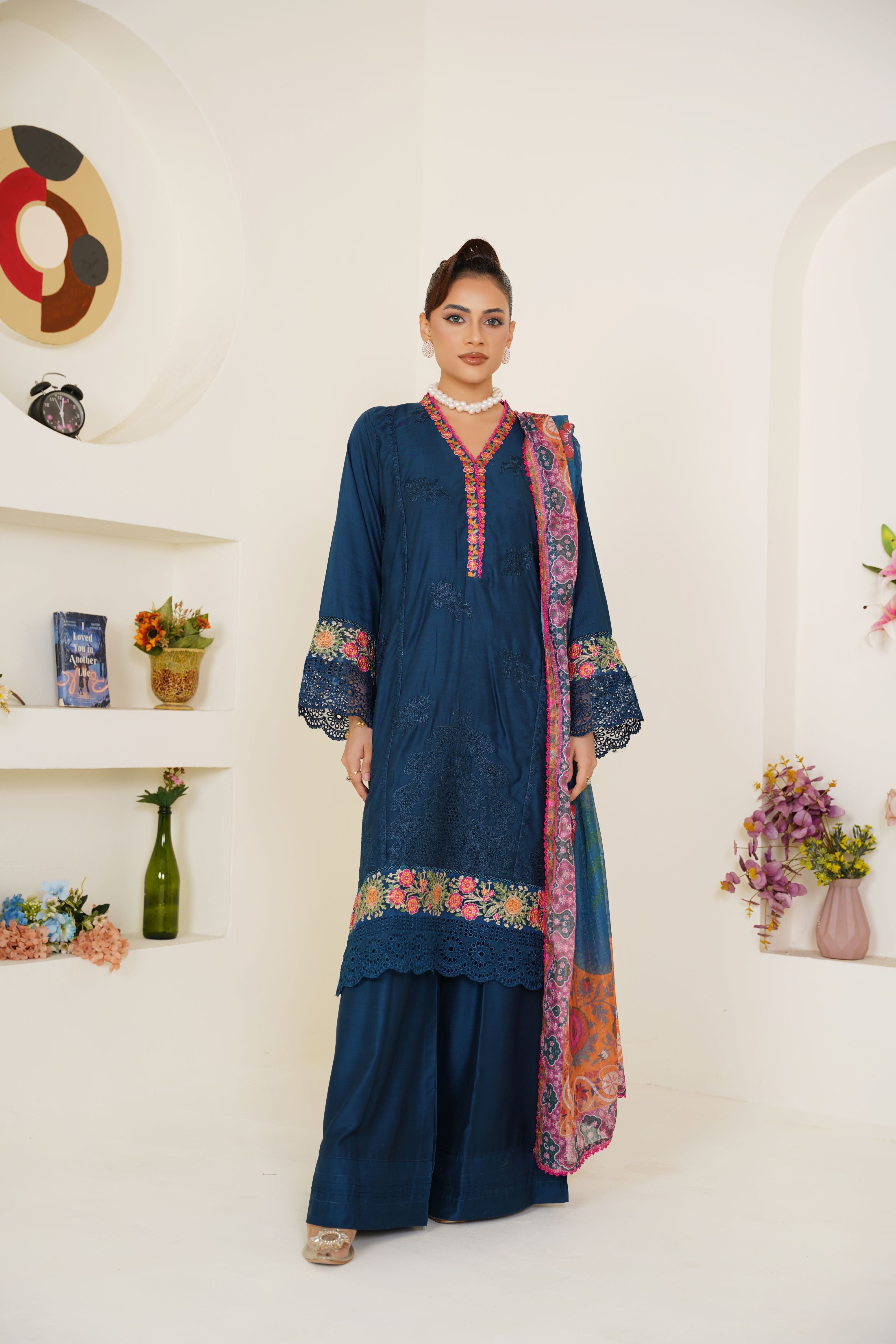 Zinc Embroidered Viscose 3-Piece Pret Suit with Multicolor Dupatta - Threads & Weaves