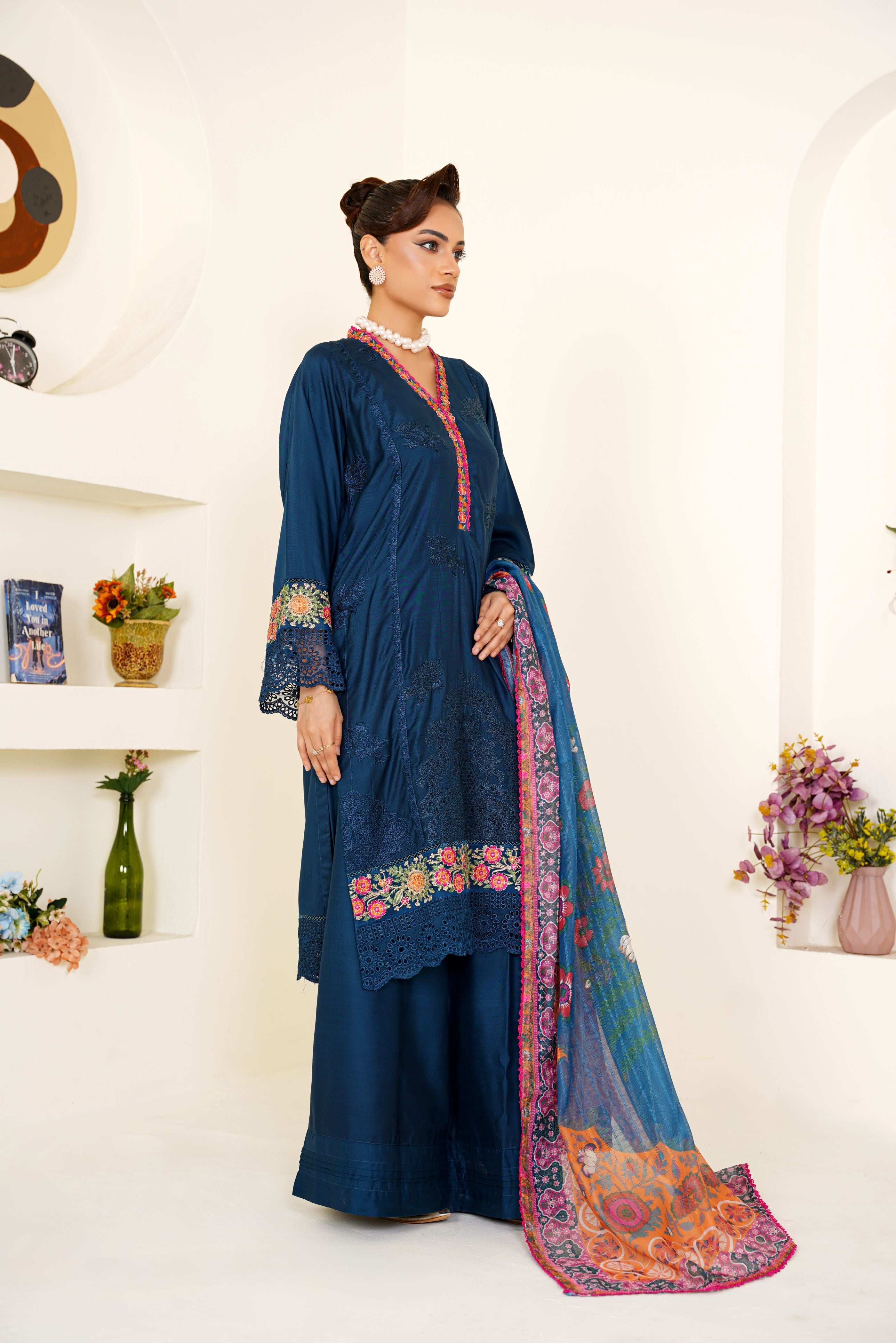 Zinc Embroidered Viscose 3-Piece Pret Suit with Multicolor Dupatta - Threads & Weaves