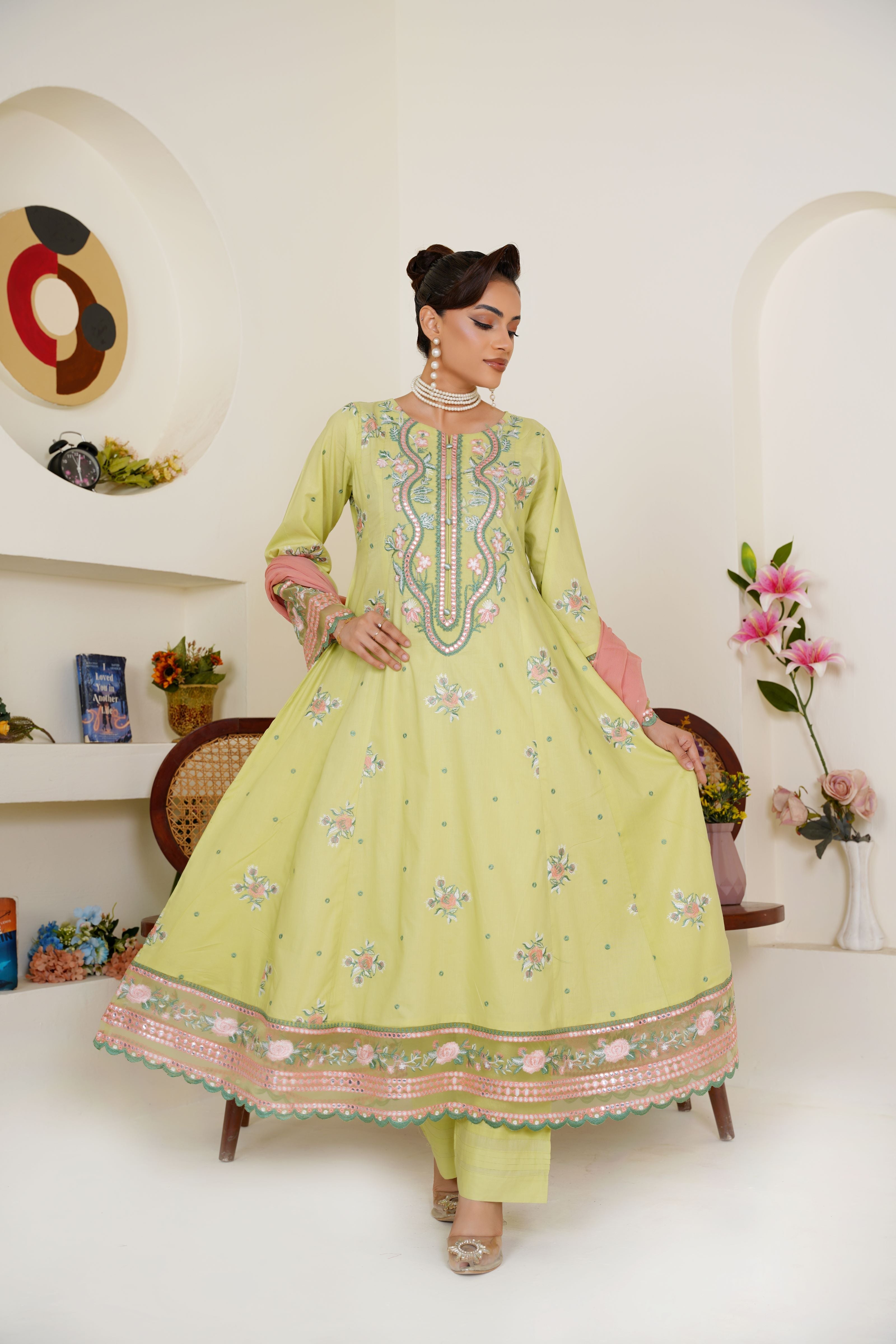 Embroidered Lime Green 3-Piece Ready-to-Wear Lawn Suit with Peach Dupatta - Threads & Weaves