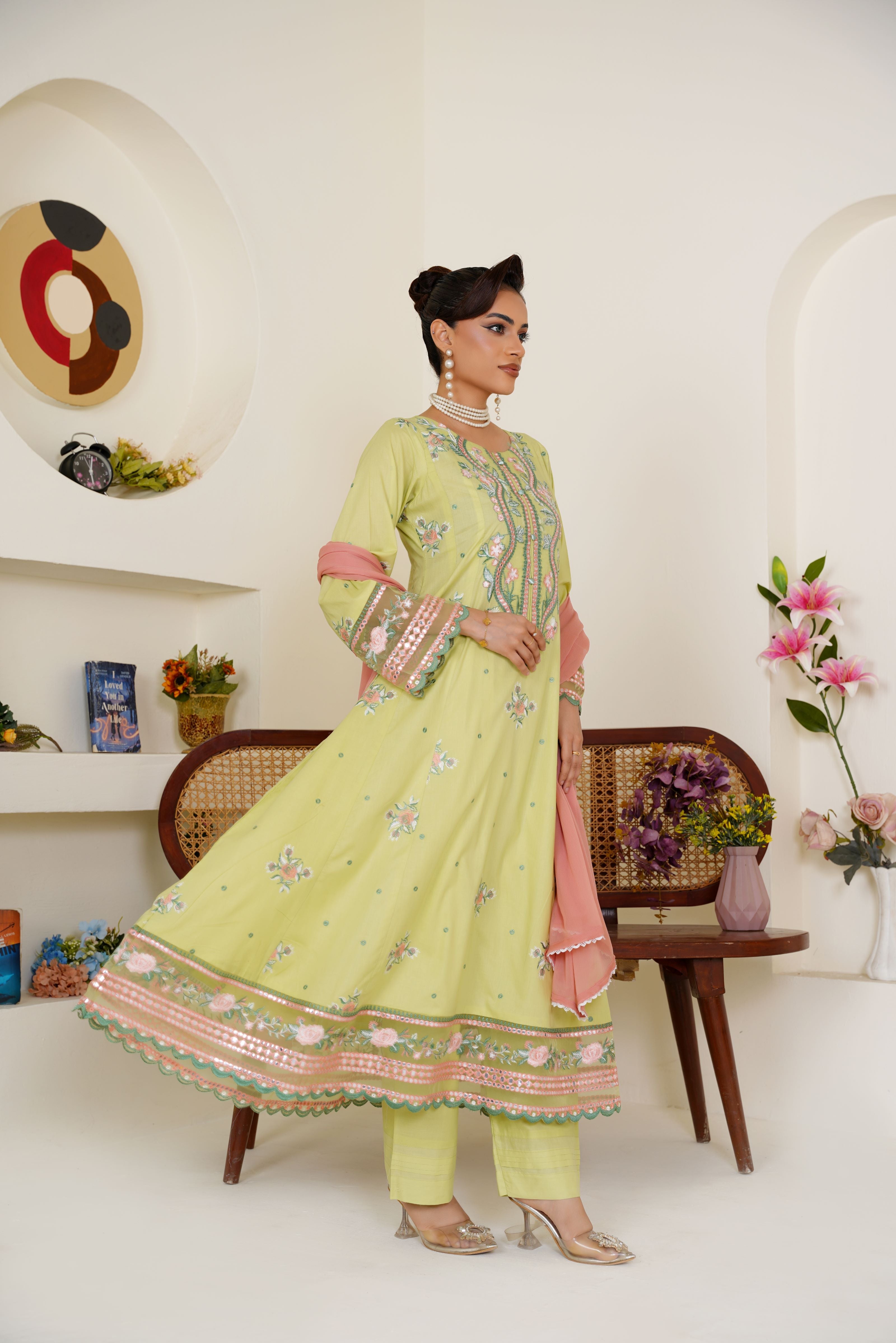 Embroidered Lime Green 3-Piece Ready-to-Wear Lawn Suit with Peach Dupatta - Threads & Weaves