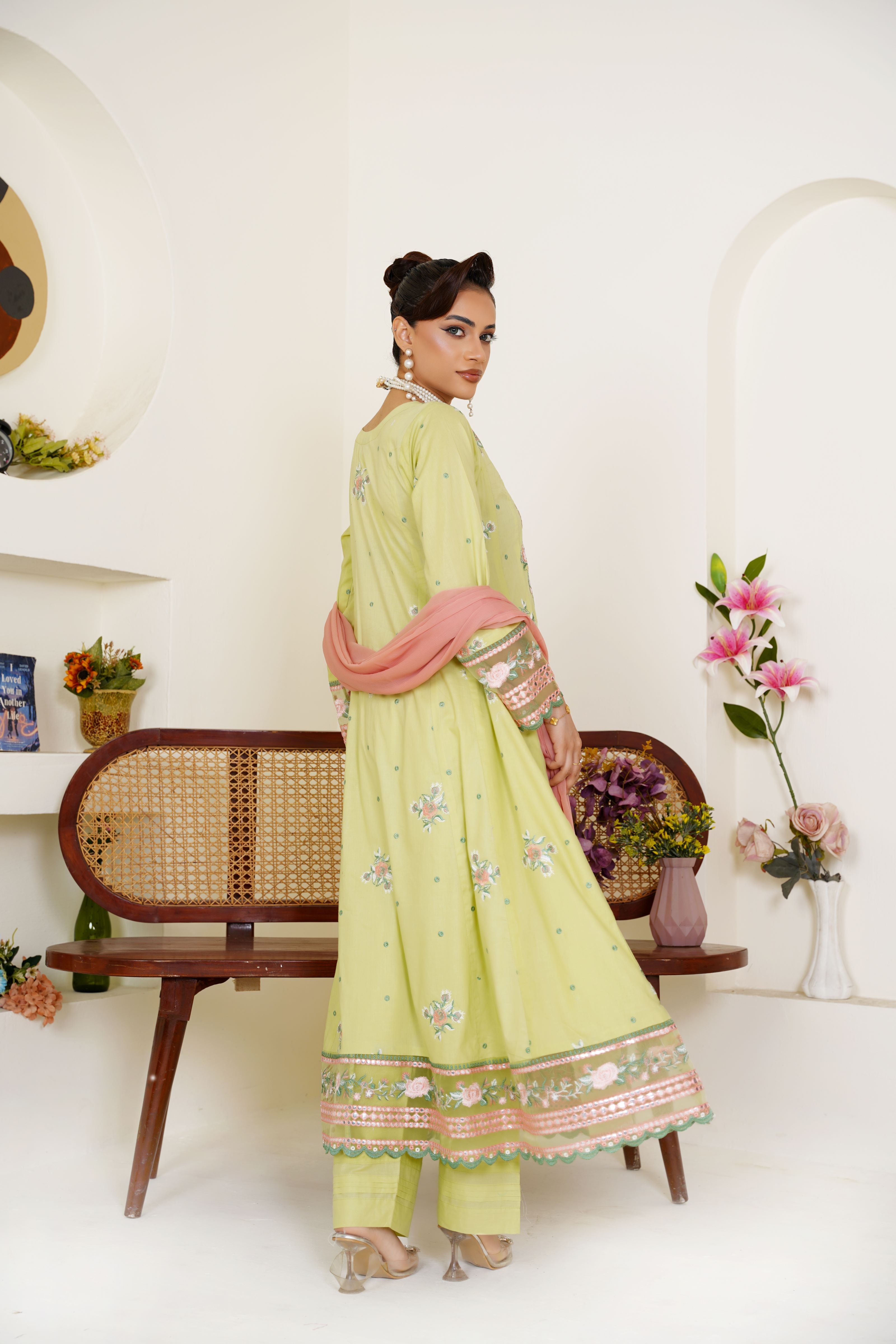 Embroidered Lime Green 3-Piece Ready-to-Wear Lawn Suit with Peach Dupatta - Threads & Weaves