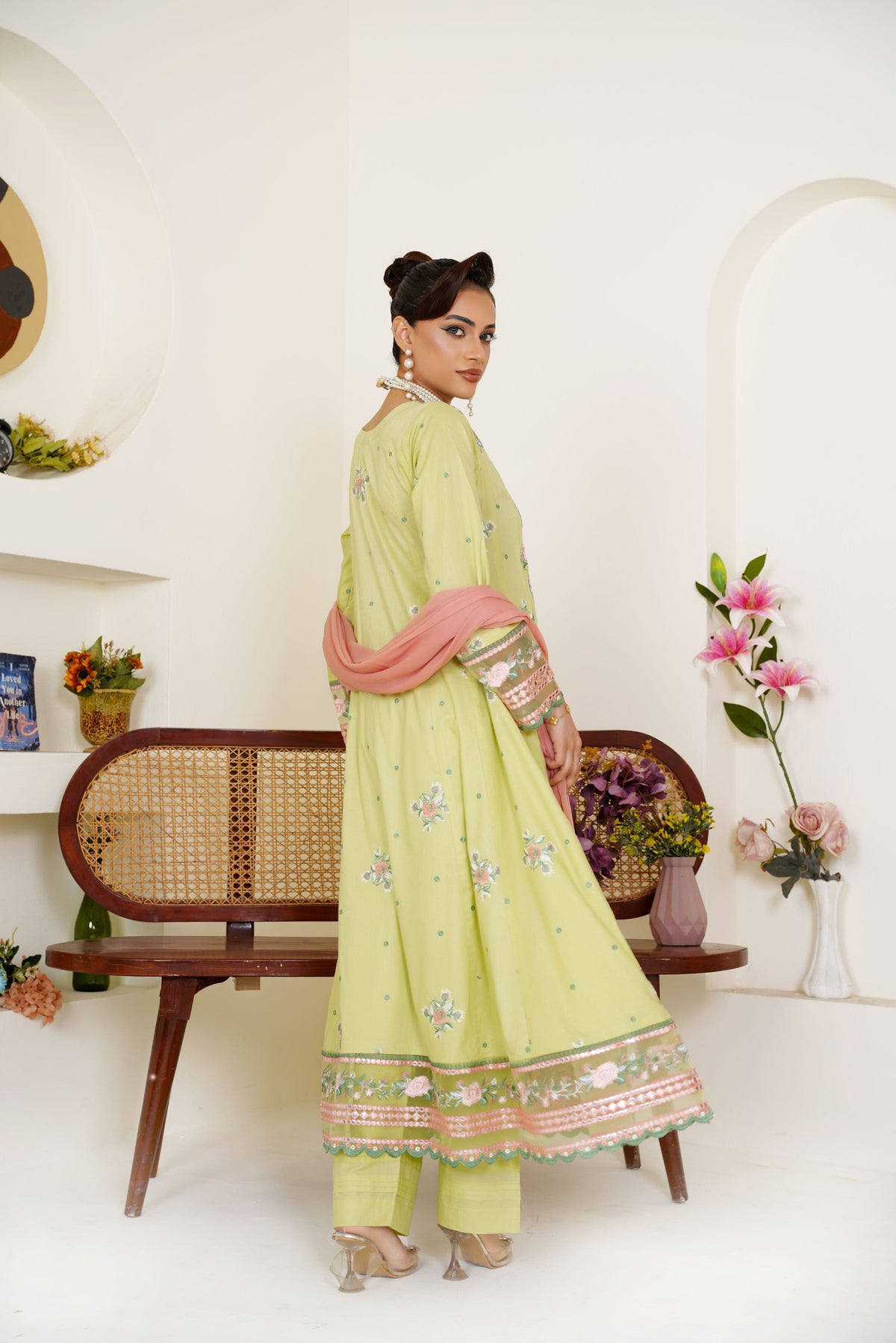 Embroidered Lime Green 3-Piece Ready-to-Wear Lawn Suit with Peach Dupatta - Threads & Weaves