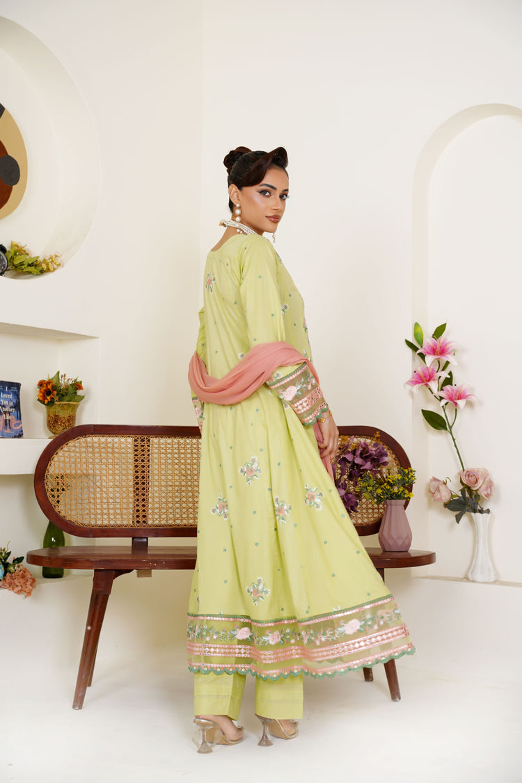 Embroidered Lime Green 3-Piece Ready-to-Wear Lawn Suit with Peach Dupatta - Threads & Weaves