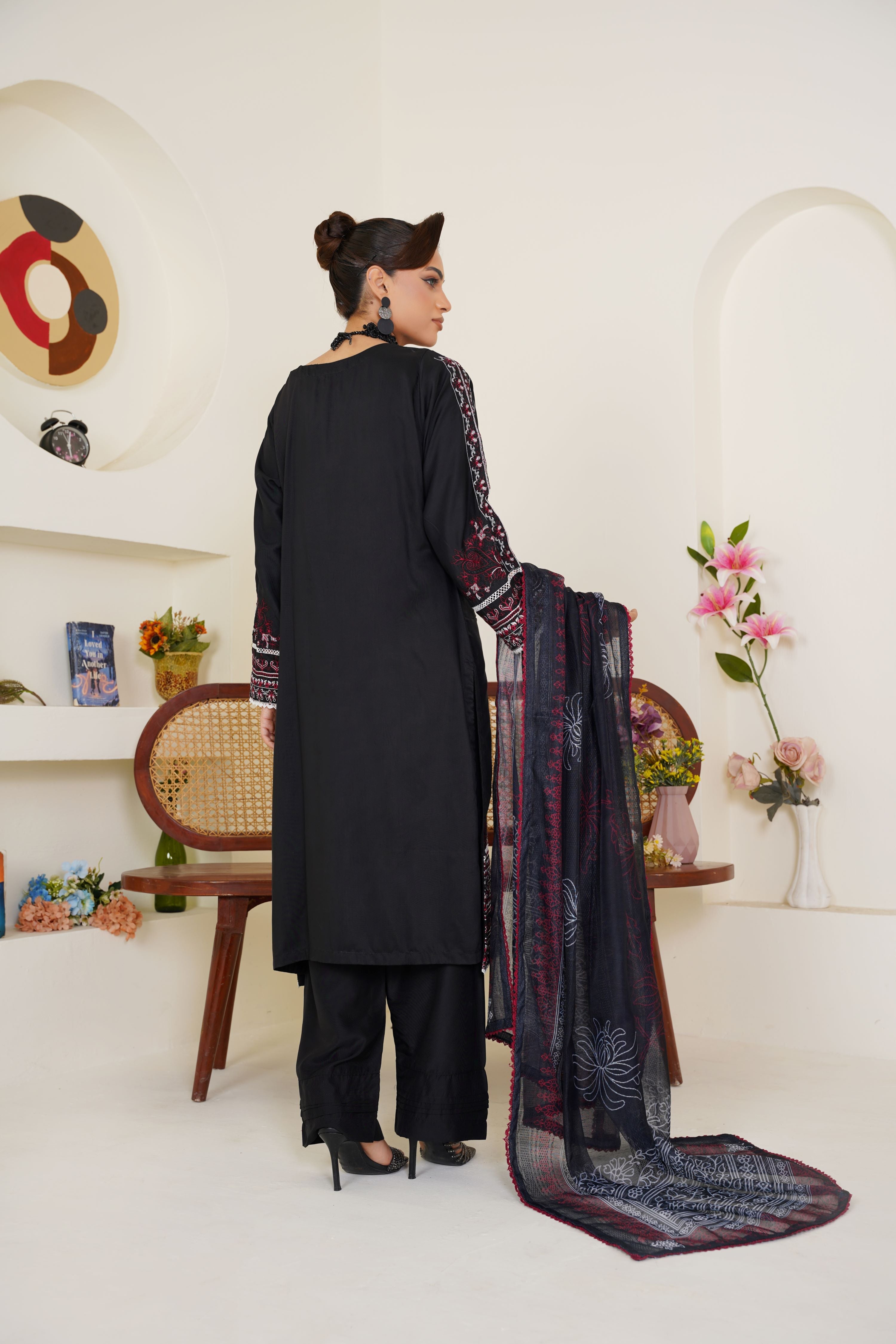 Black & Maroon Embroidered Viscose 3-Piece Pret Suit - Threads & Weaves