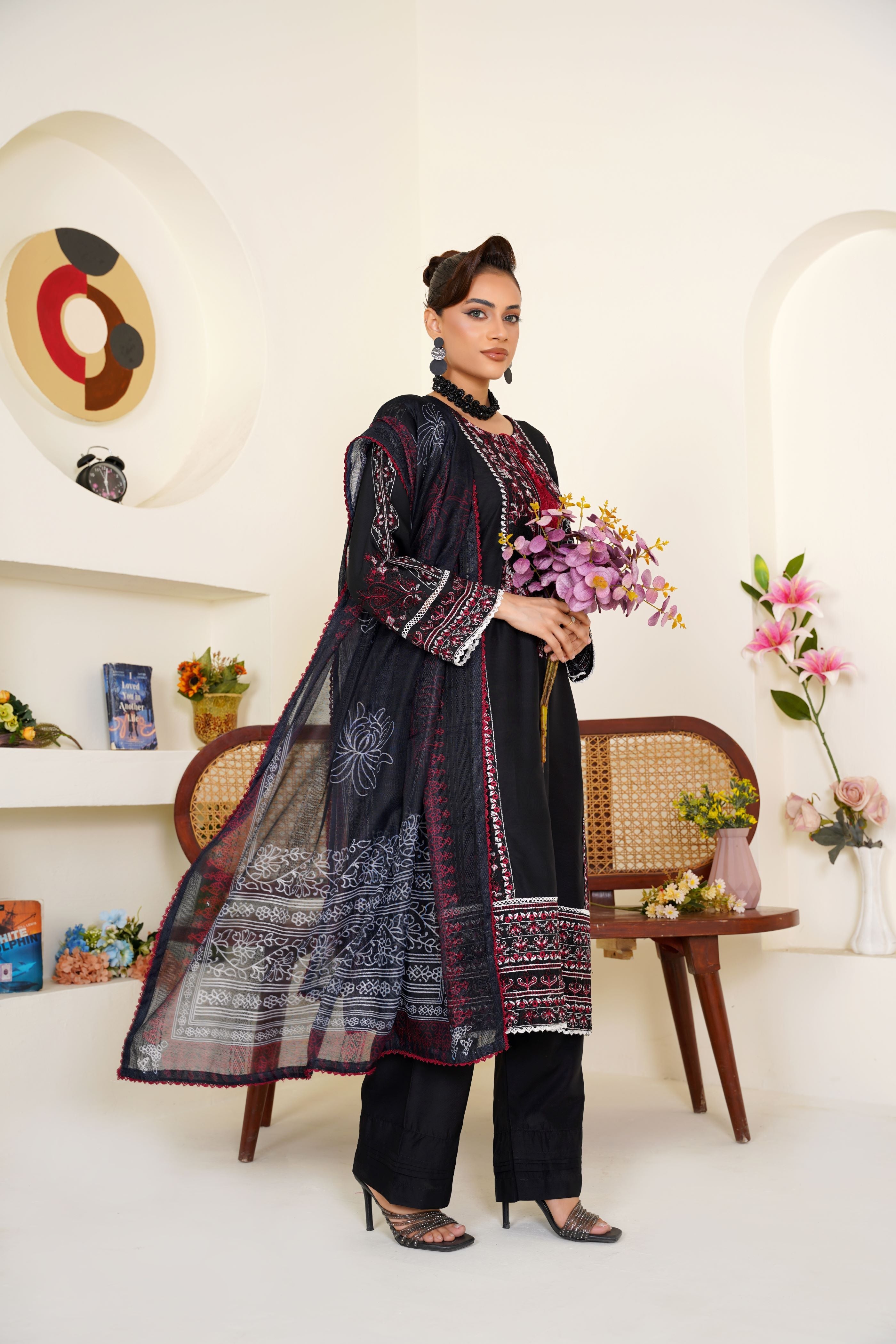 Black & Maroon Embroidered Viscose 3-Piece Pret Suit - Threads & Weaves