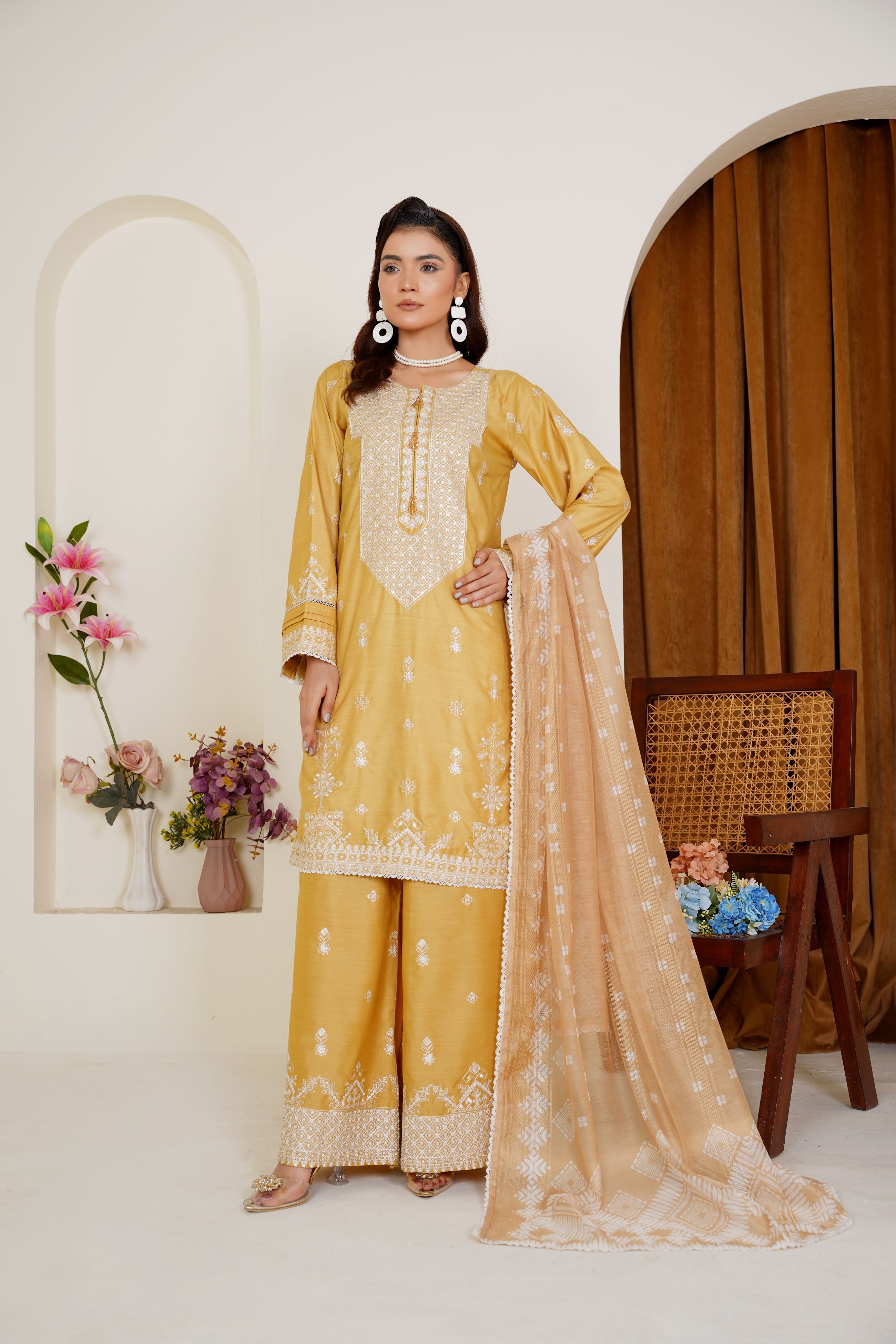 Golden Mustard Embroidered Viscose 3-Piece Pret Suit - Threads & Weaves