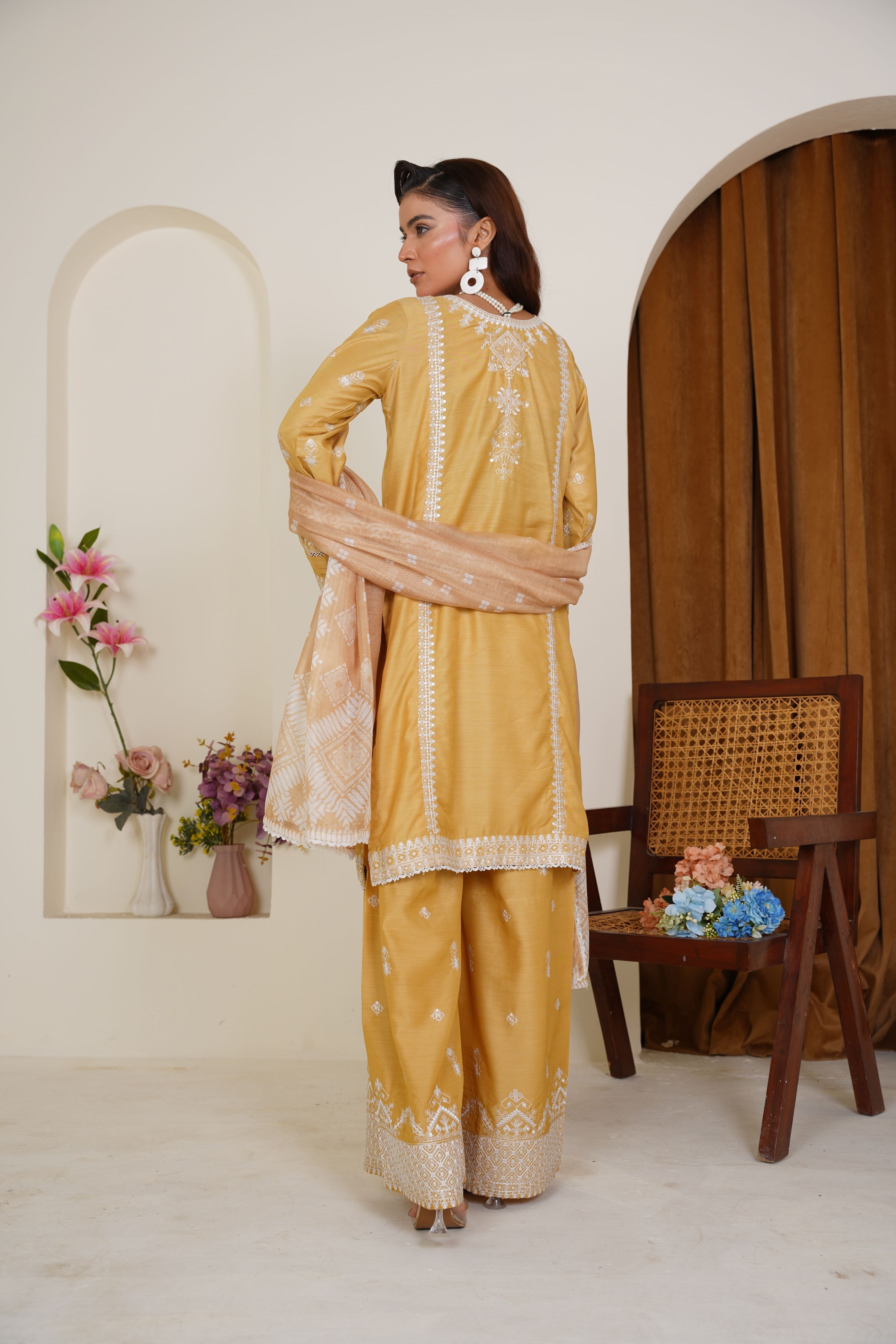 Golden Mustard Embroidered Viscose 3-Piece Pret Suit - Threads & Weaves