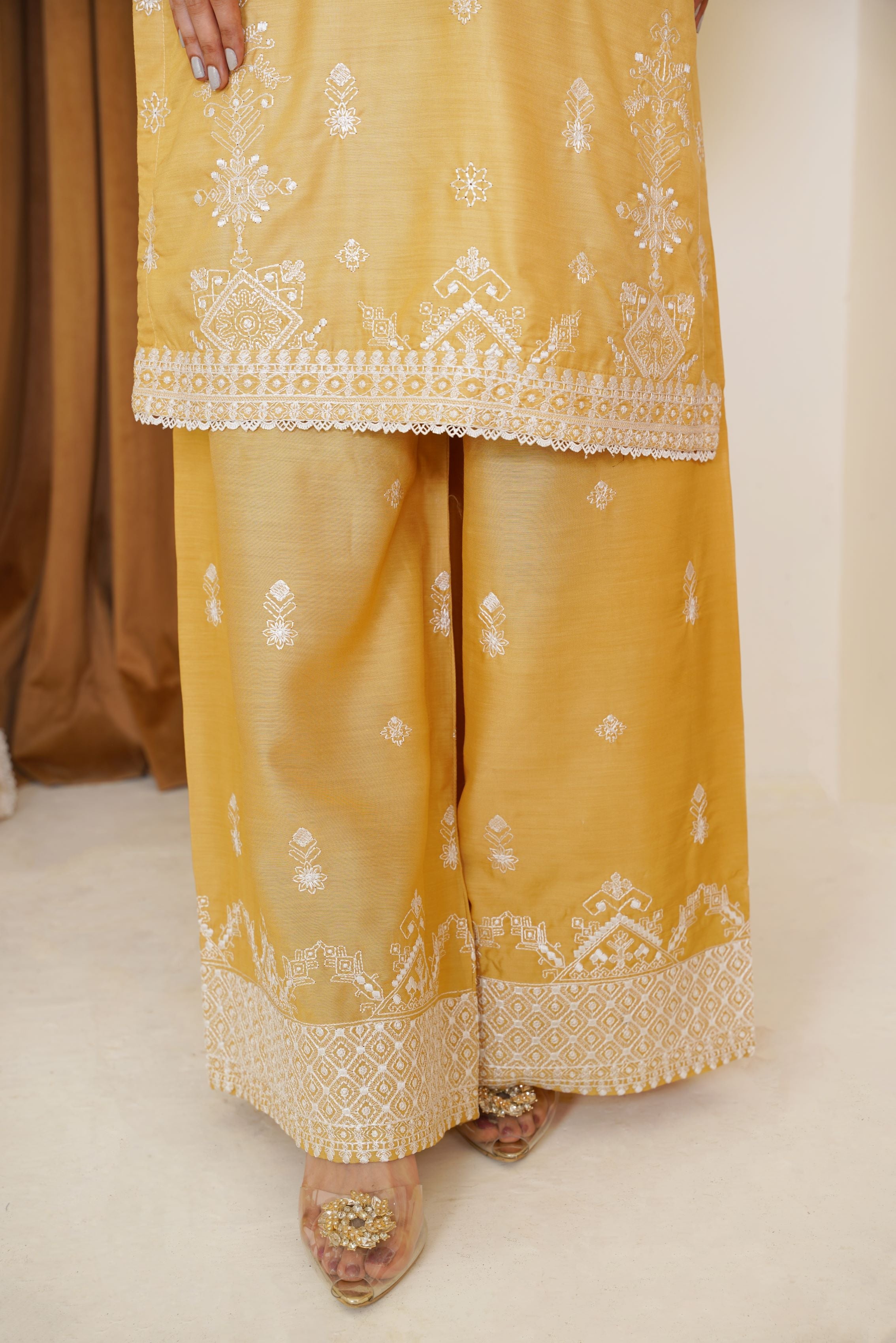 Golden Mustard Embroidered Viscose 3-Piece Pret Suit - Threads & Weaves