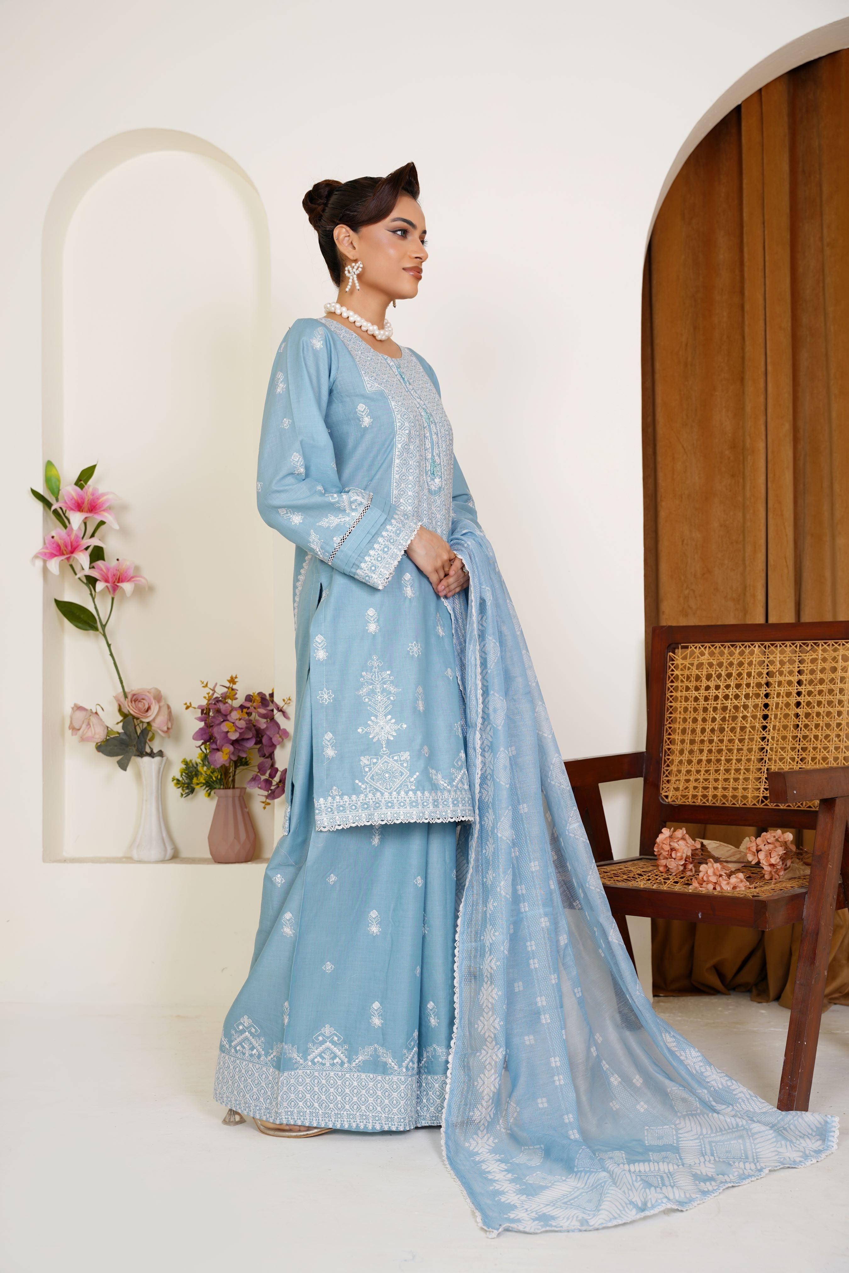 Powder Blue Embroidered Lawn 3-Piece Pret Suit - Threads & Weaves
