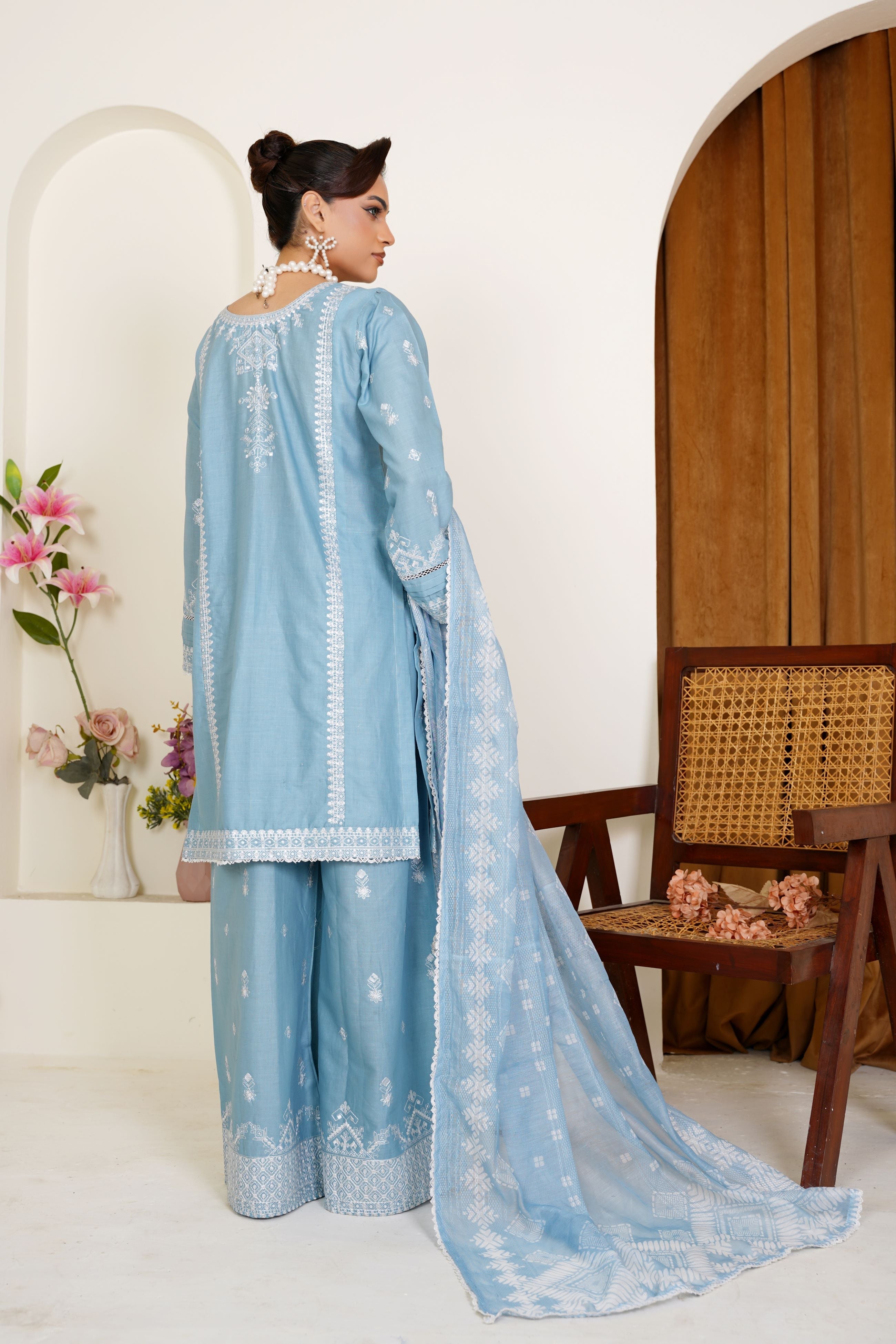Powder Blue Embroidered Lawn 3-Piece Pret Suit - Threads & Weaves