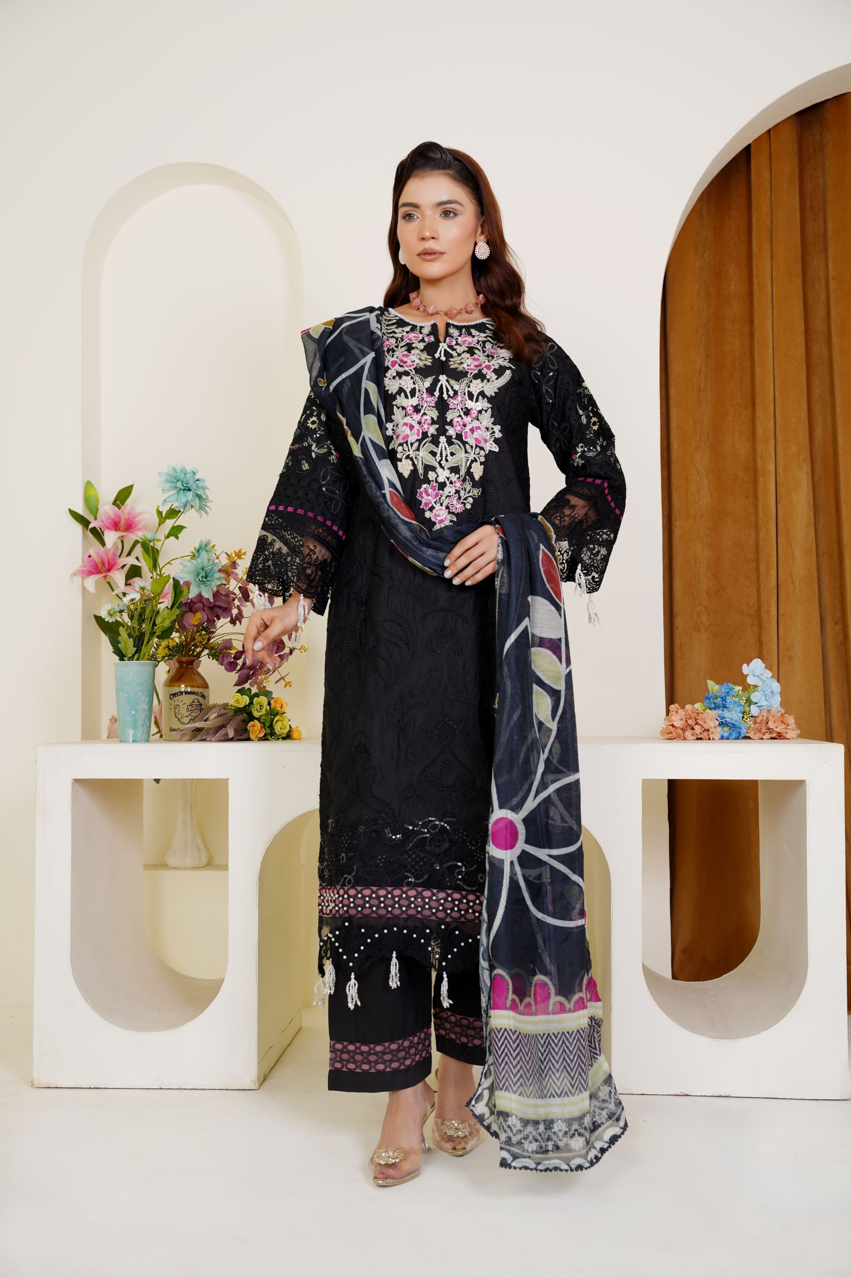 Black Embroidered 3-Piece Ready-to-Wear Viscose Suit - Threads & Weaves