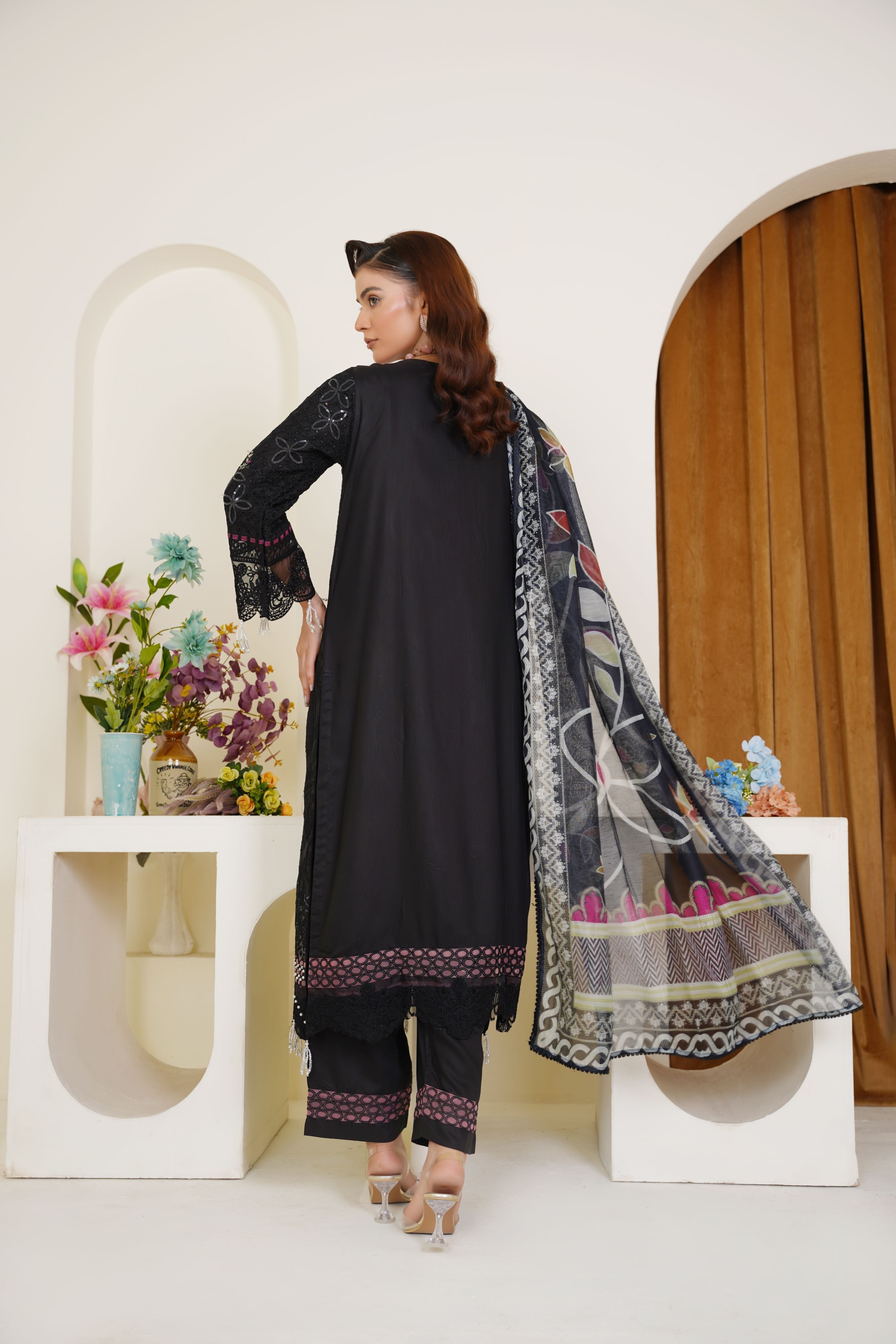 Black Embroidered 3-Piece Ready-to-Wear Viscose Suit - Threads & Weaves