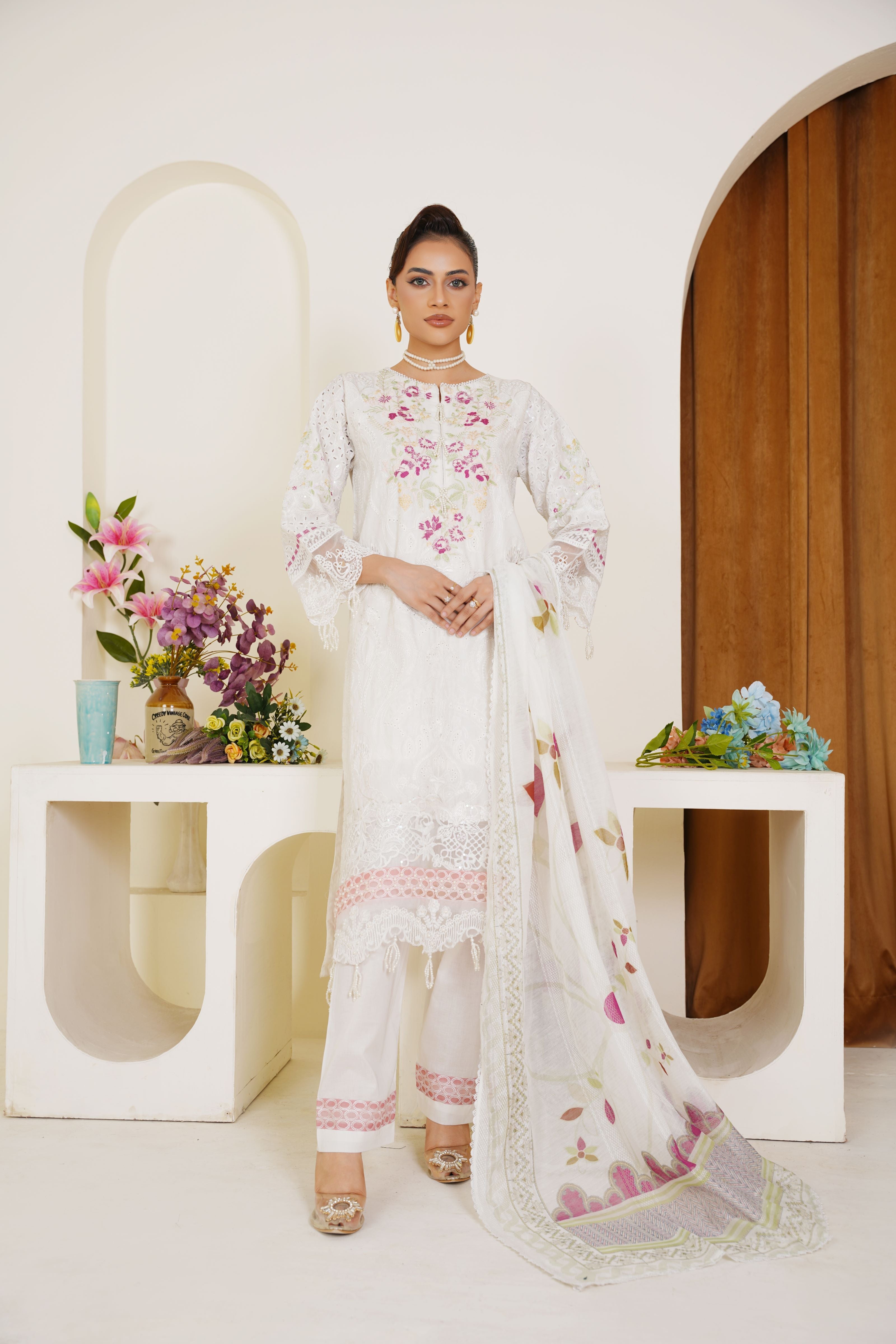 White embroidered lawn suit with floral dupatta - ready to wear - Threads & Weaves