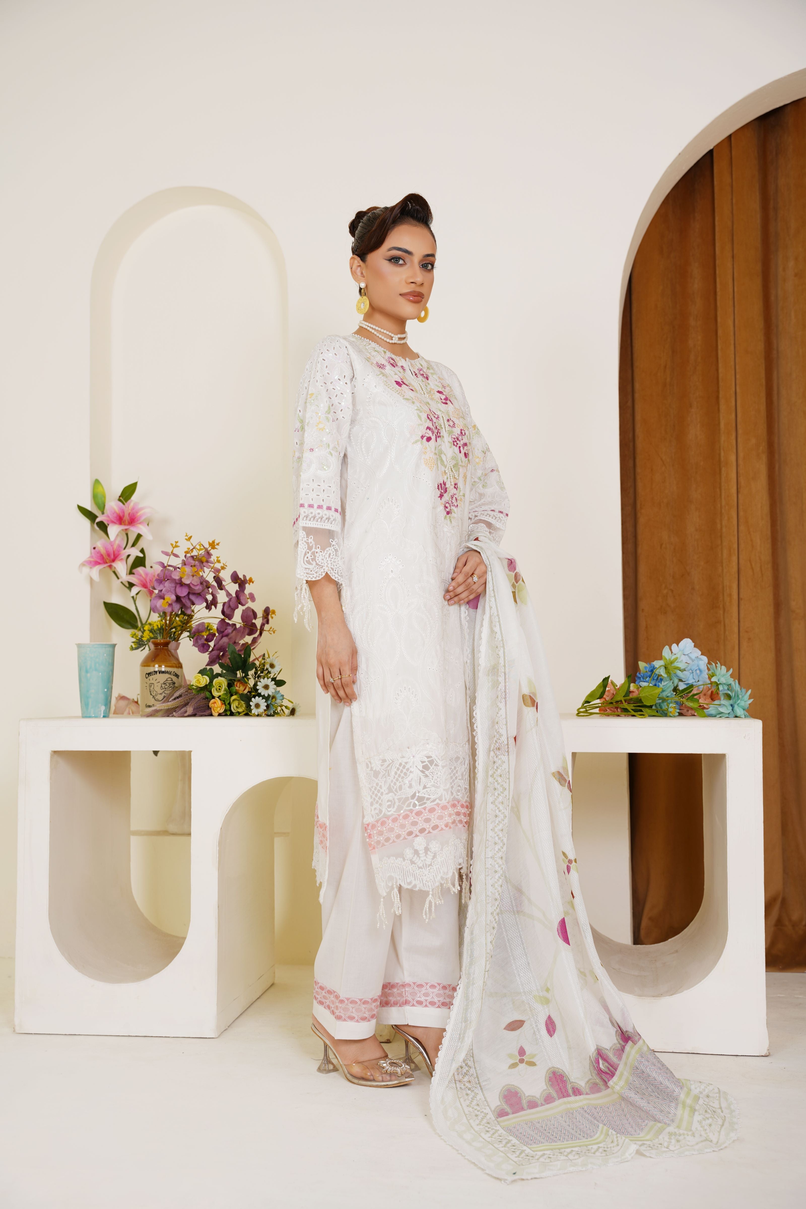 White Embroidered 3-Piece Ready-to-Wear Lawn Suit with Floral Dupatta - Threads & Weaves