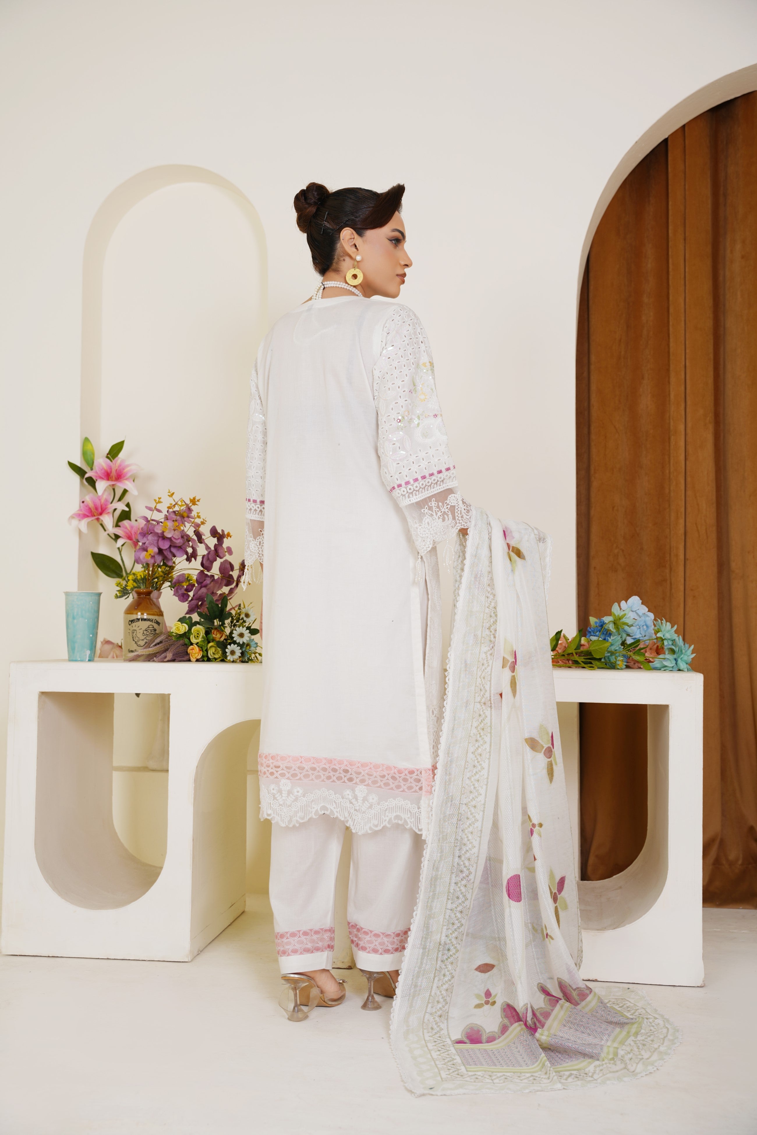 White Embroidered 3-Piece Ready-to-Wear Lawn Suit with Floral Dupatta - Threads & Weaves